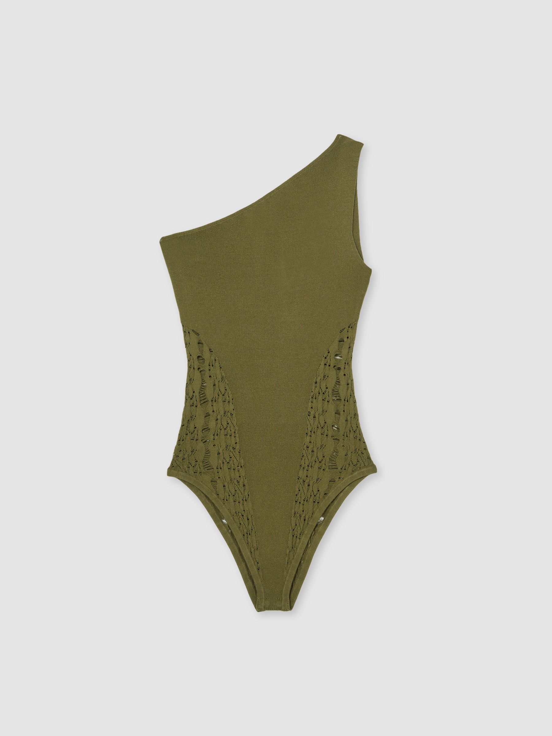 Lace-Knit Detail One-Shoulder Bodysuit in Green