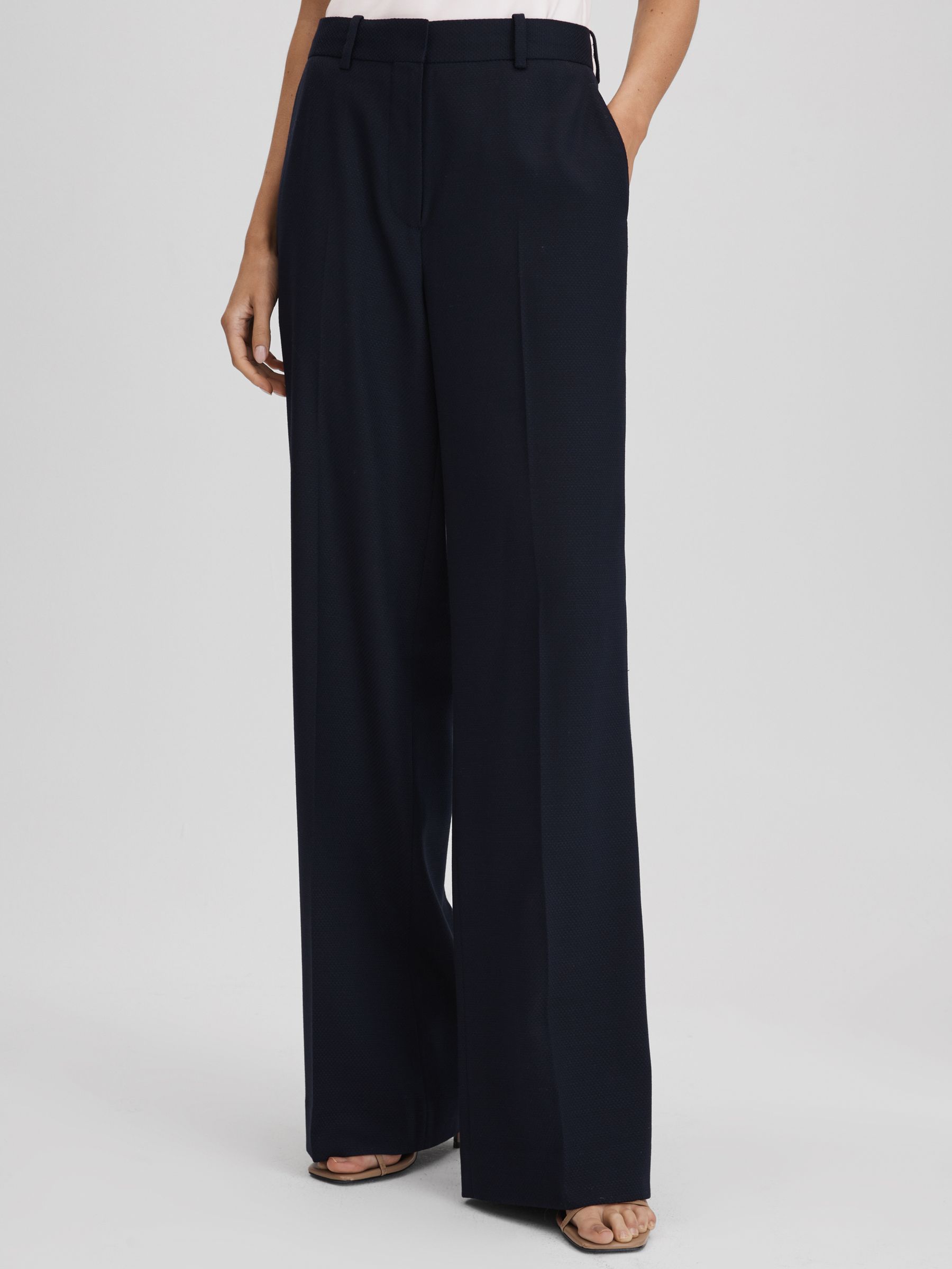 Wool Blend Wide Leg Suit Trousers in Navy