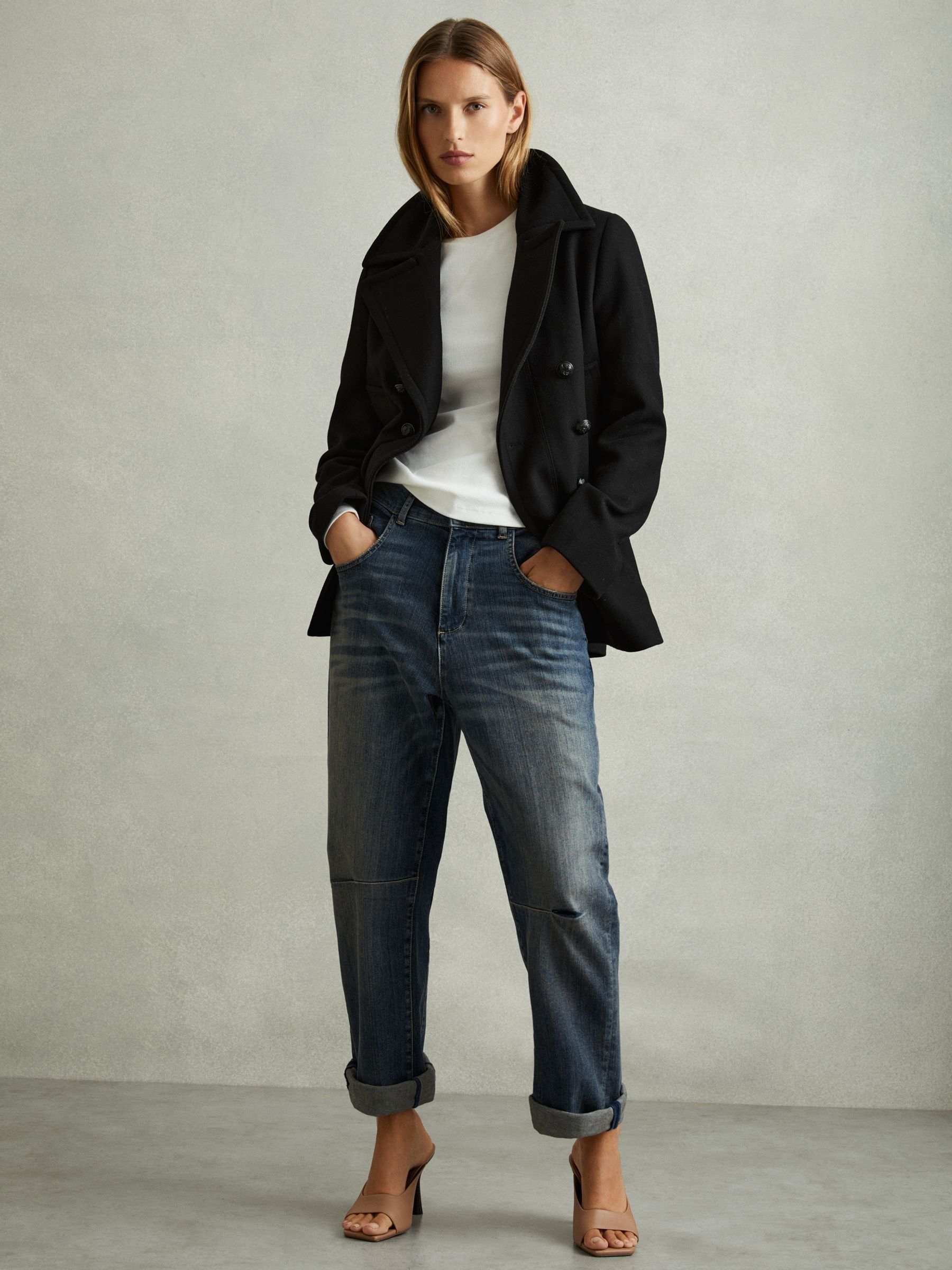 Wool Blend Double Breasted Pea Coat in Black