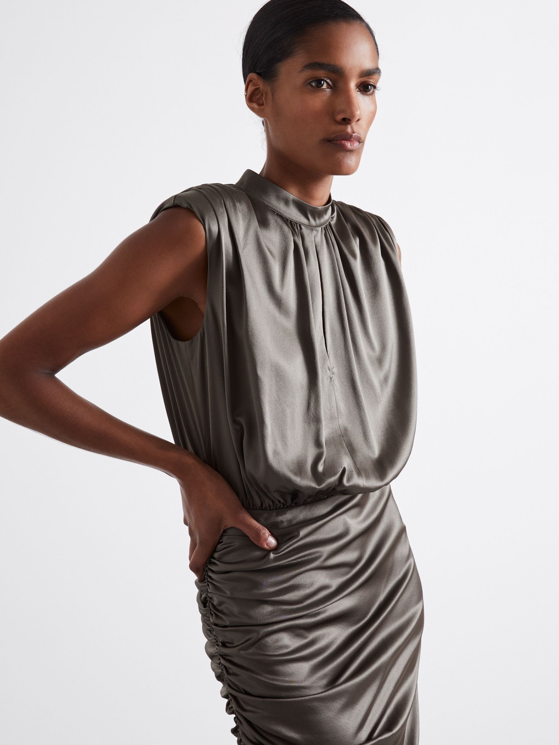 Atelier Ruched Silk-Blend Satin Dress in Silver
