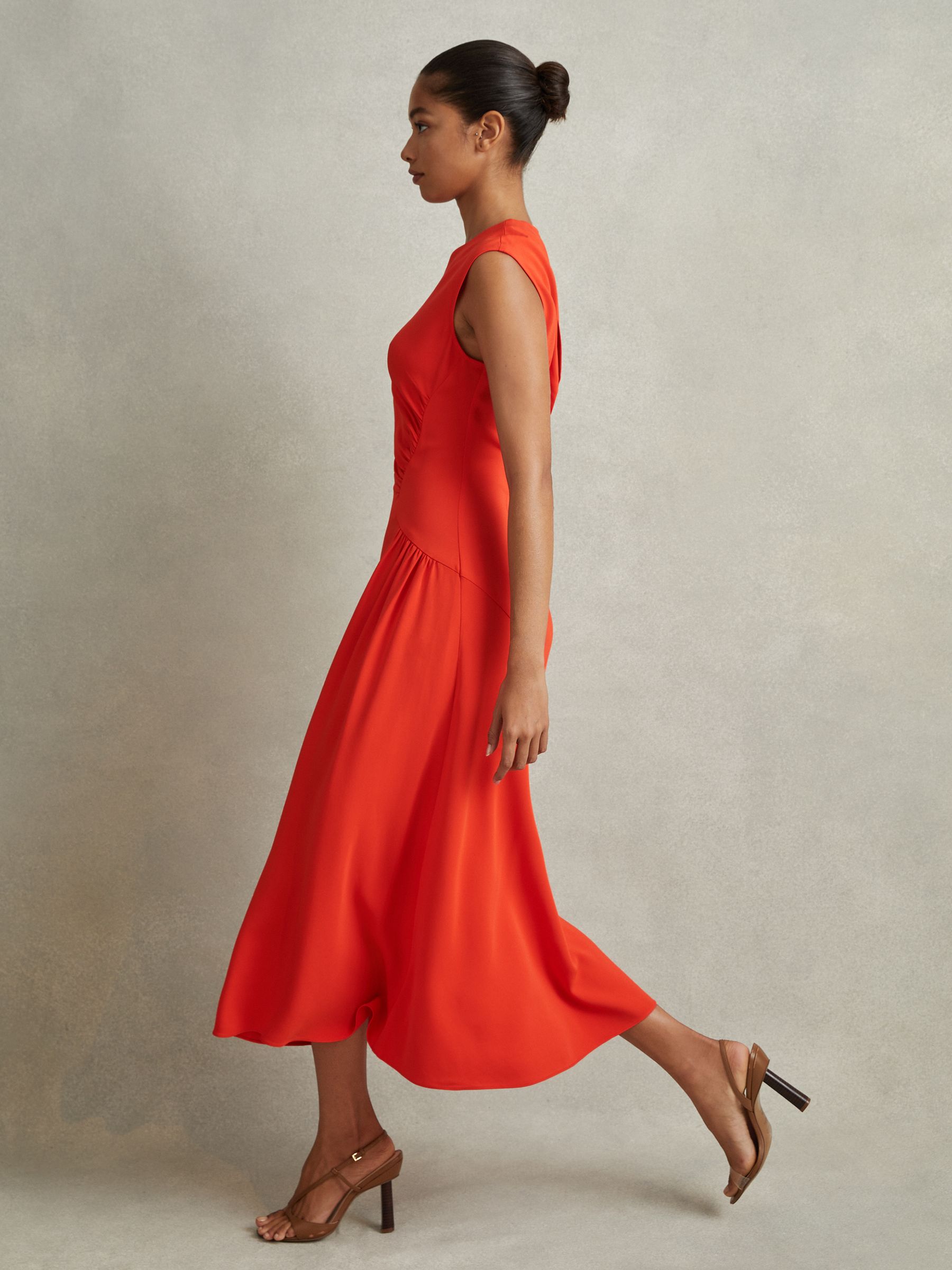 Ruched Midi Dress in Orange