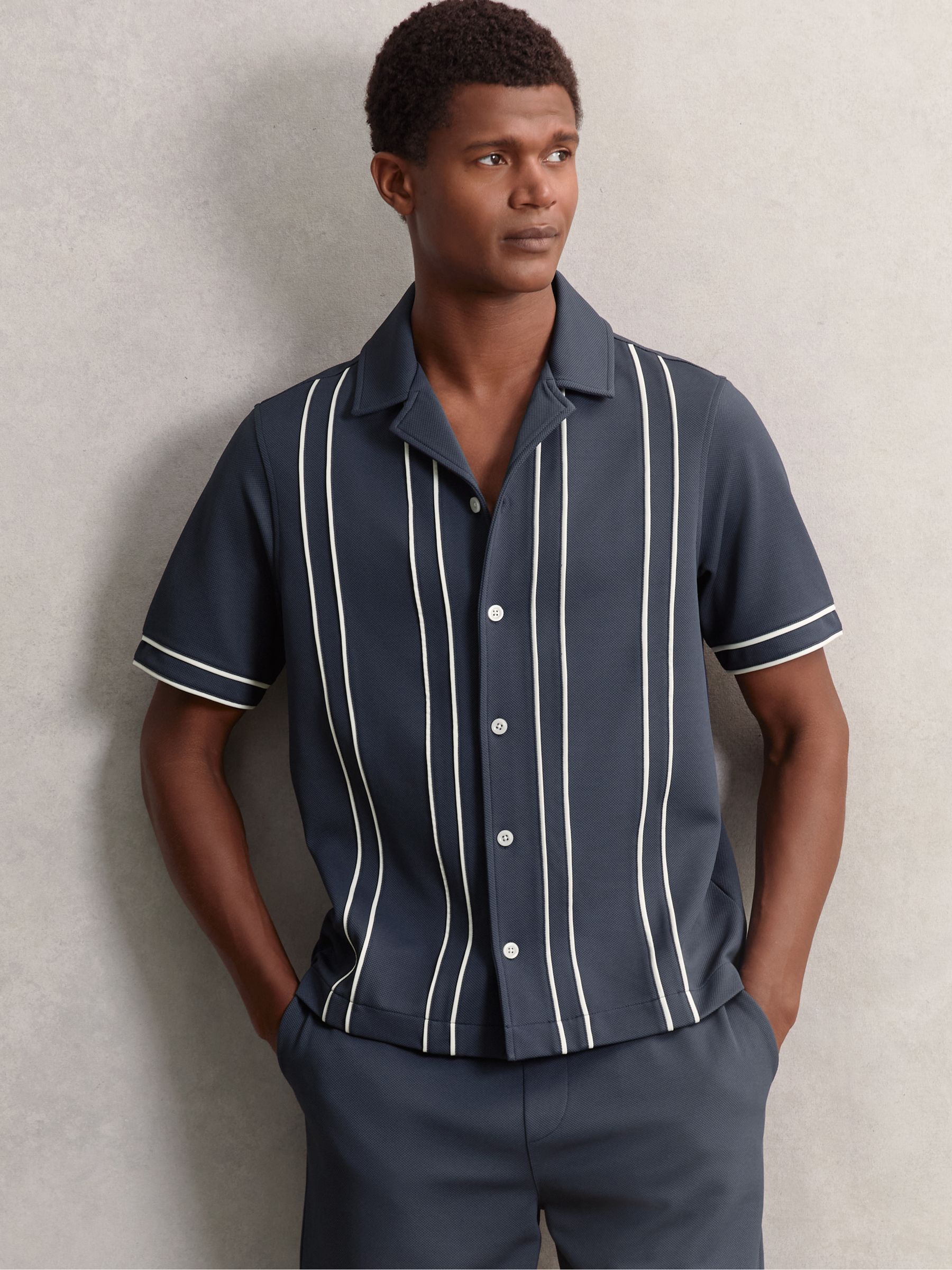Piped-Stripe Cuban-Collar Shirt in Airforce Blue