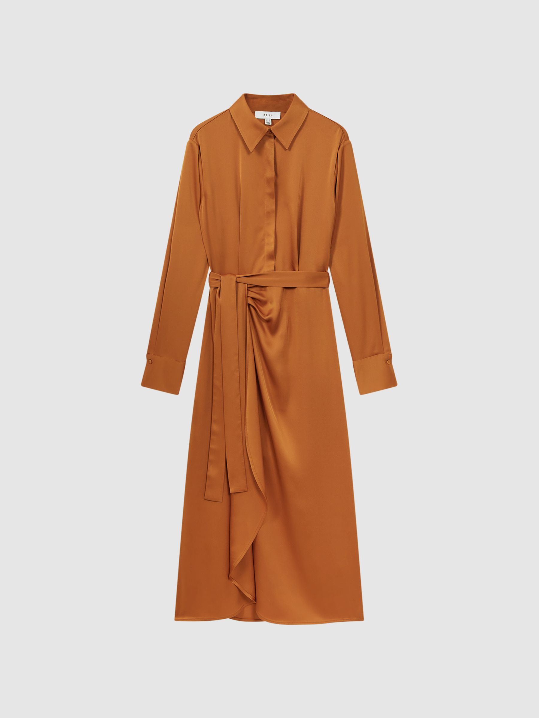 Satin Shirt-Style Midi Dress in Rust