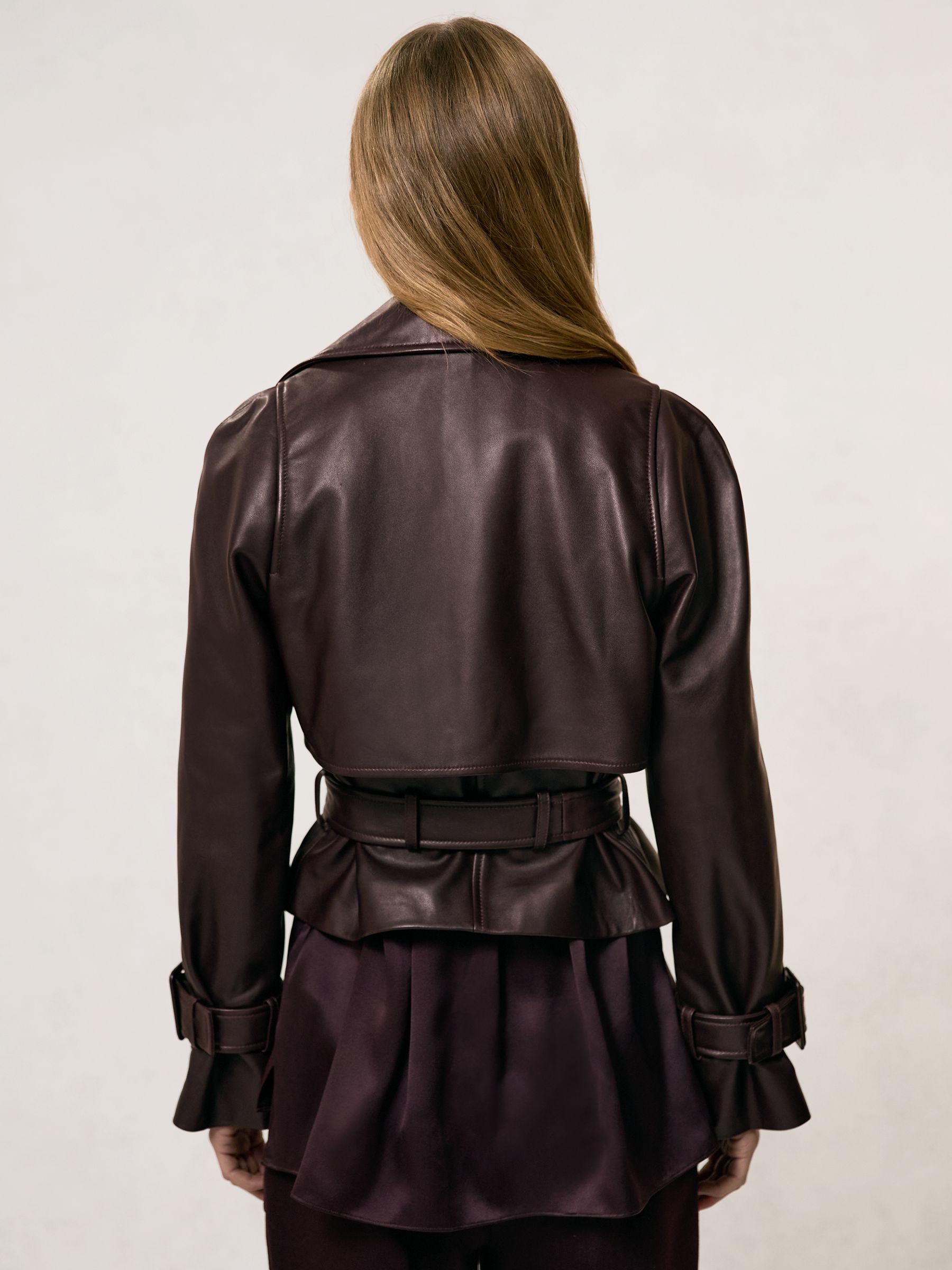 Leather Cropped Trench Jacket in Oxblood Burgundy