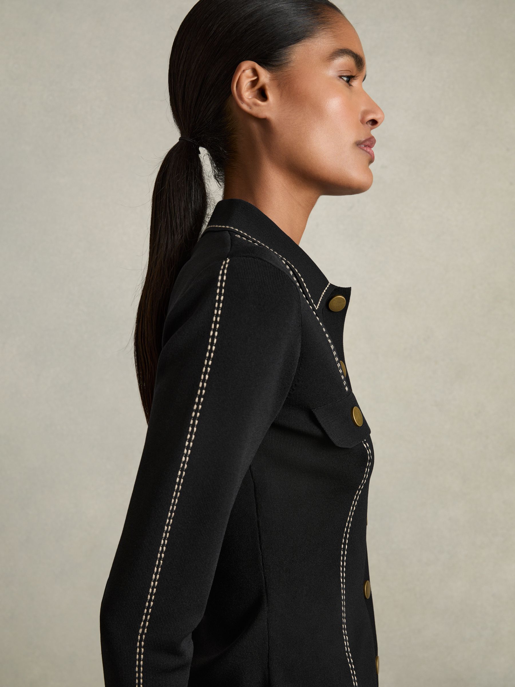 Compact-Knit Topstitched Press-Stud Top in Black