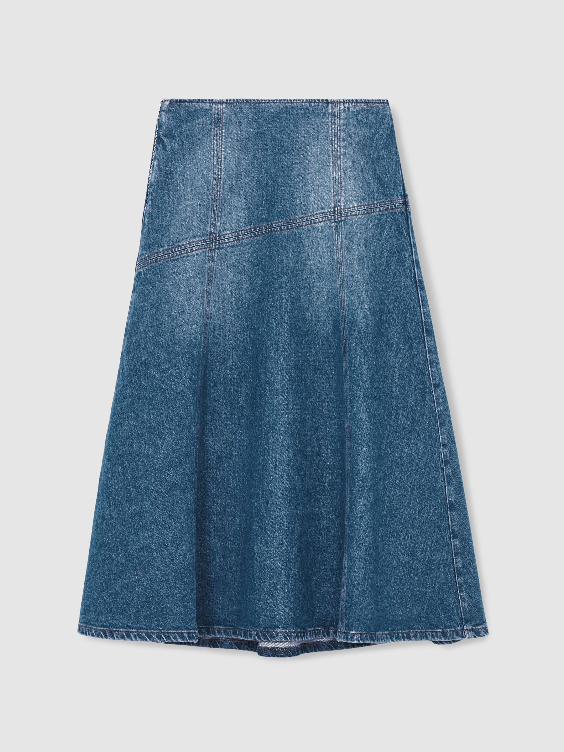 Denim Panelled Midi Skirt in Indigo
