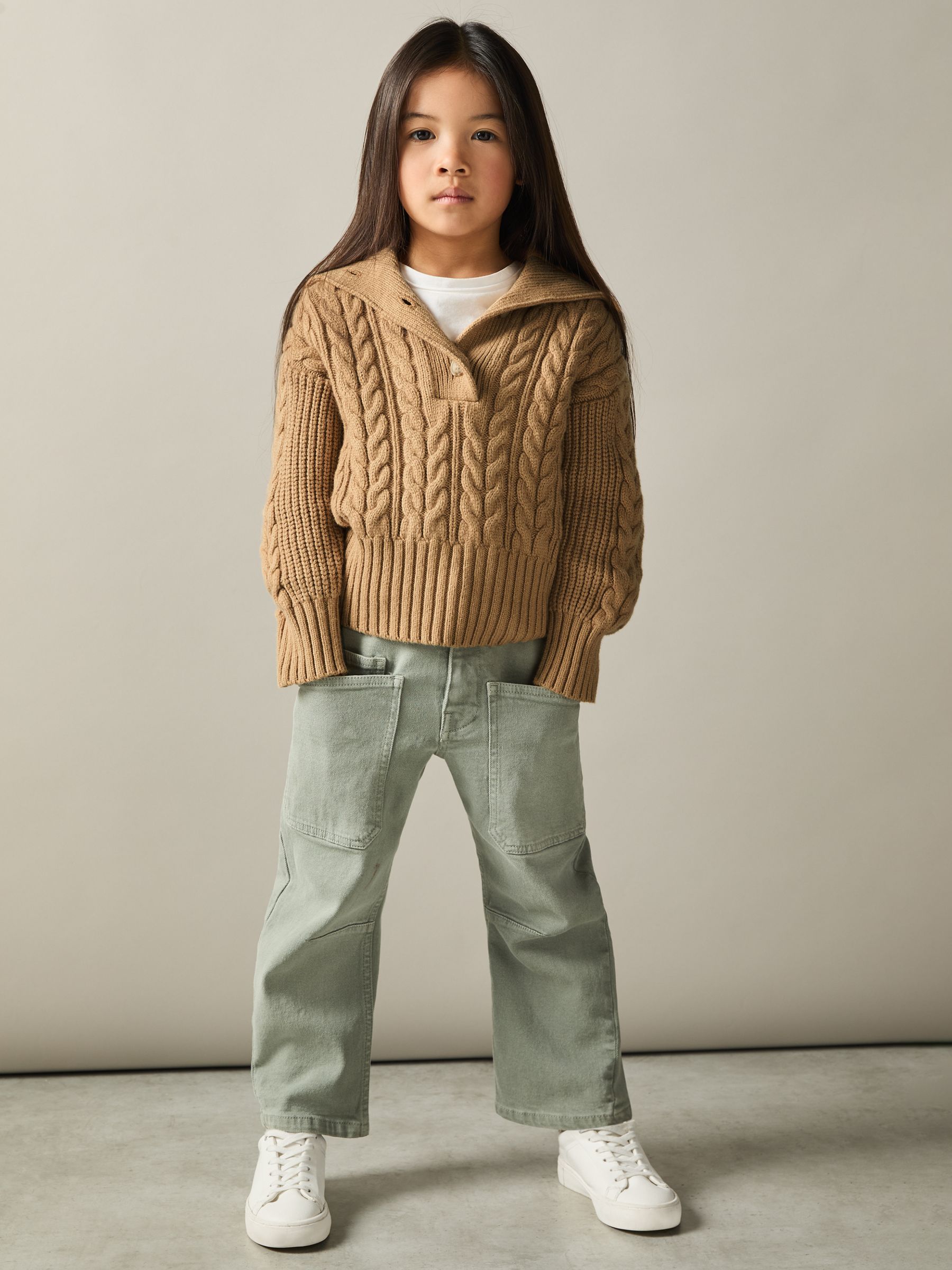 9-13 yrs Cotton-Blend Open-Collar Cable-Knit Jumper With Wool in Camel