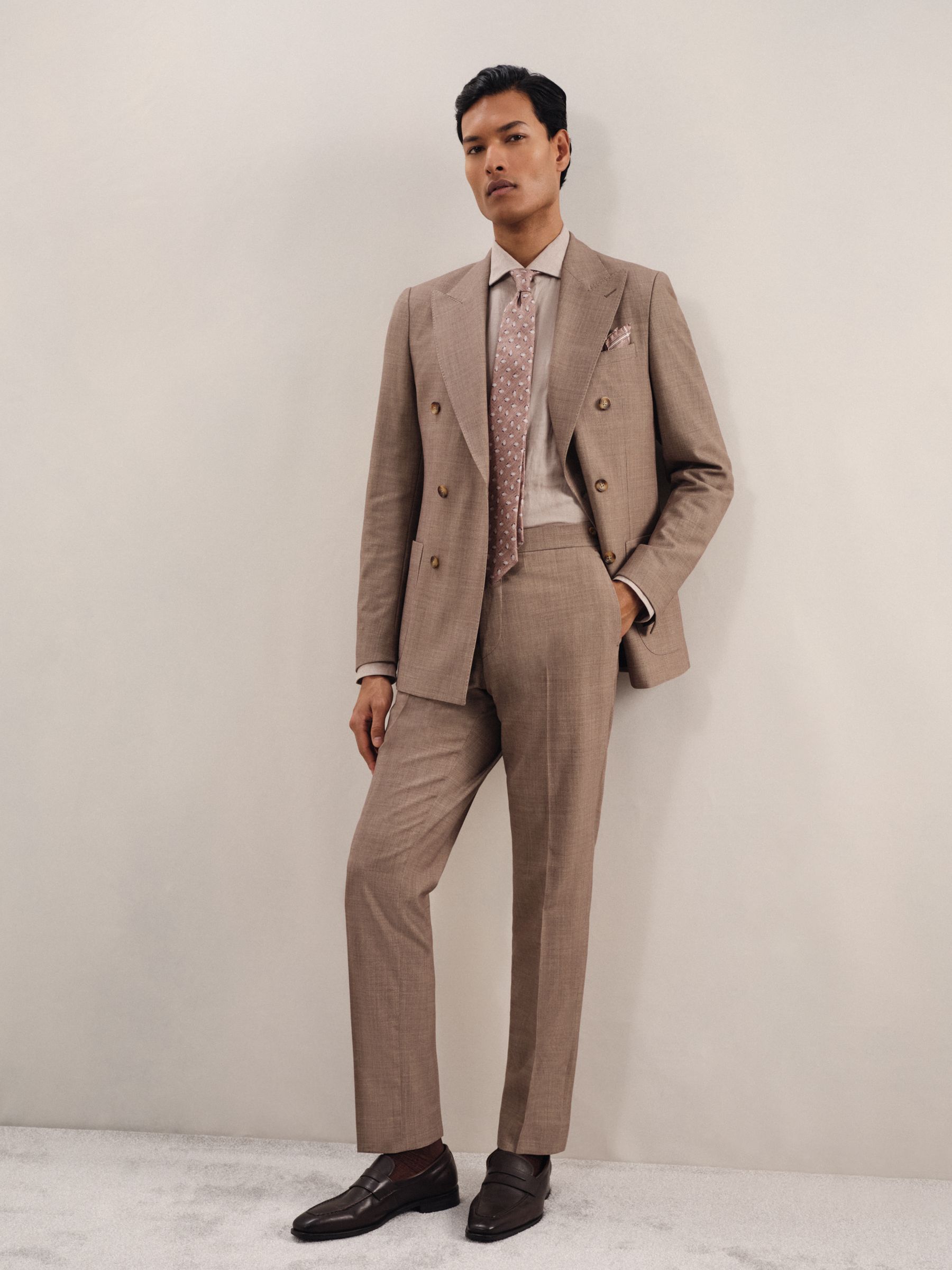 Double-Breasted Textured Suit Blazer With Wool Slim-Fit in Brown