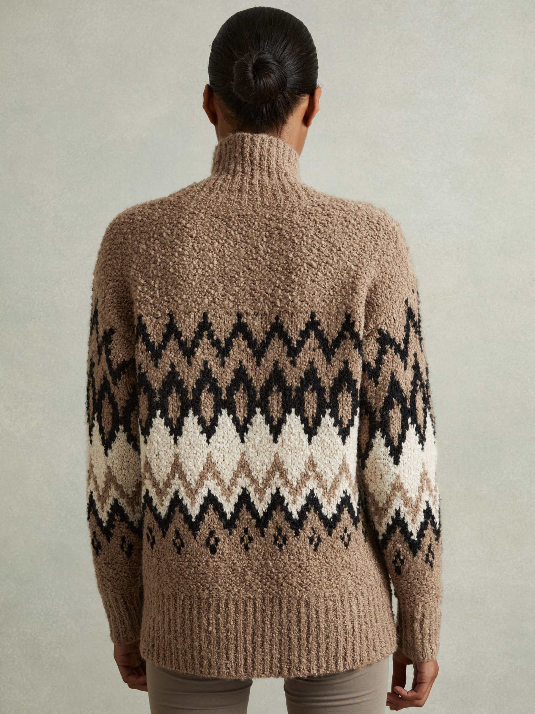 Chunky Fairisle Pattern Knit Funnel Neck Jumper in Brown