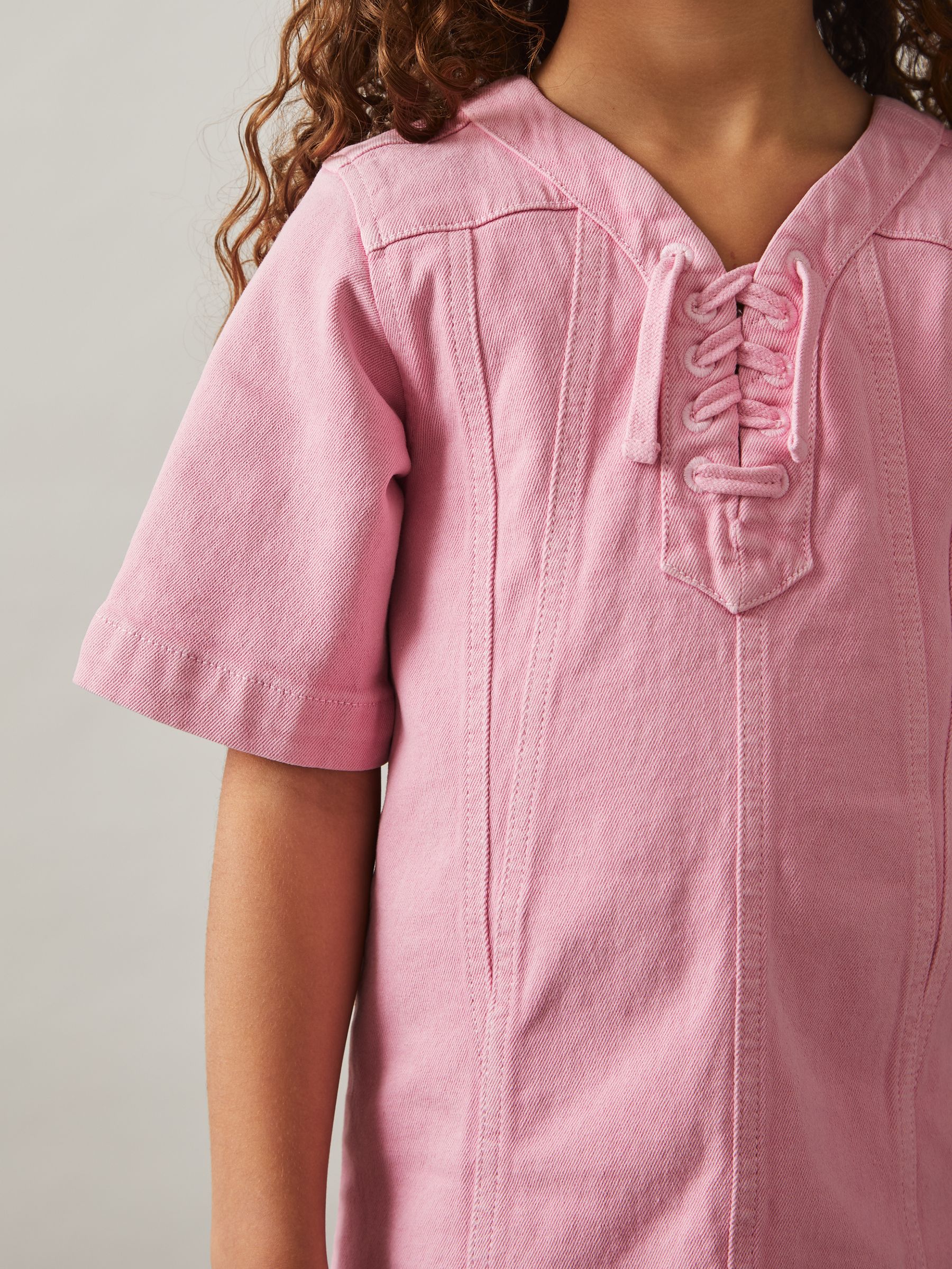4-9 yrs Lace-Up Detail Denim Dress in Pink