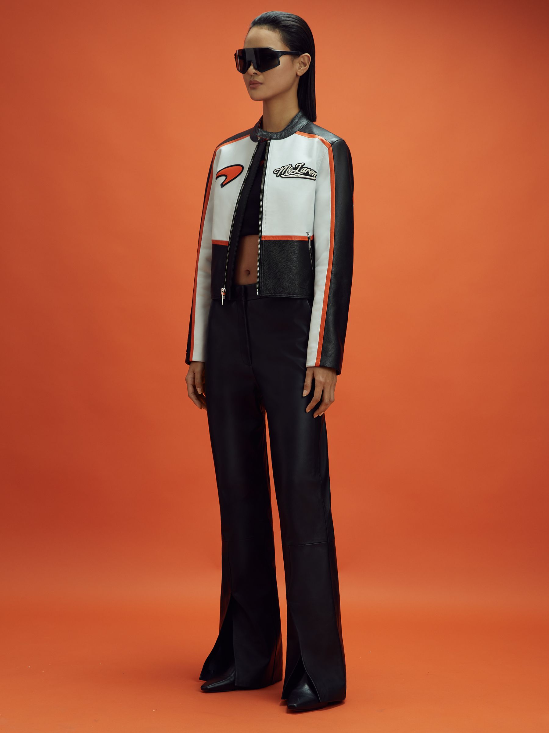 McLaren F1 Colourblock Leather Biker Jacket in Black/Papaya