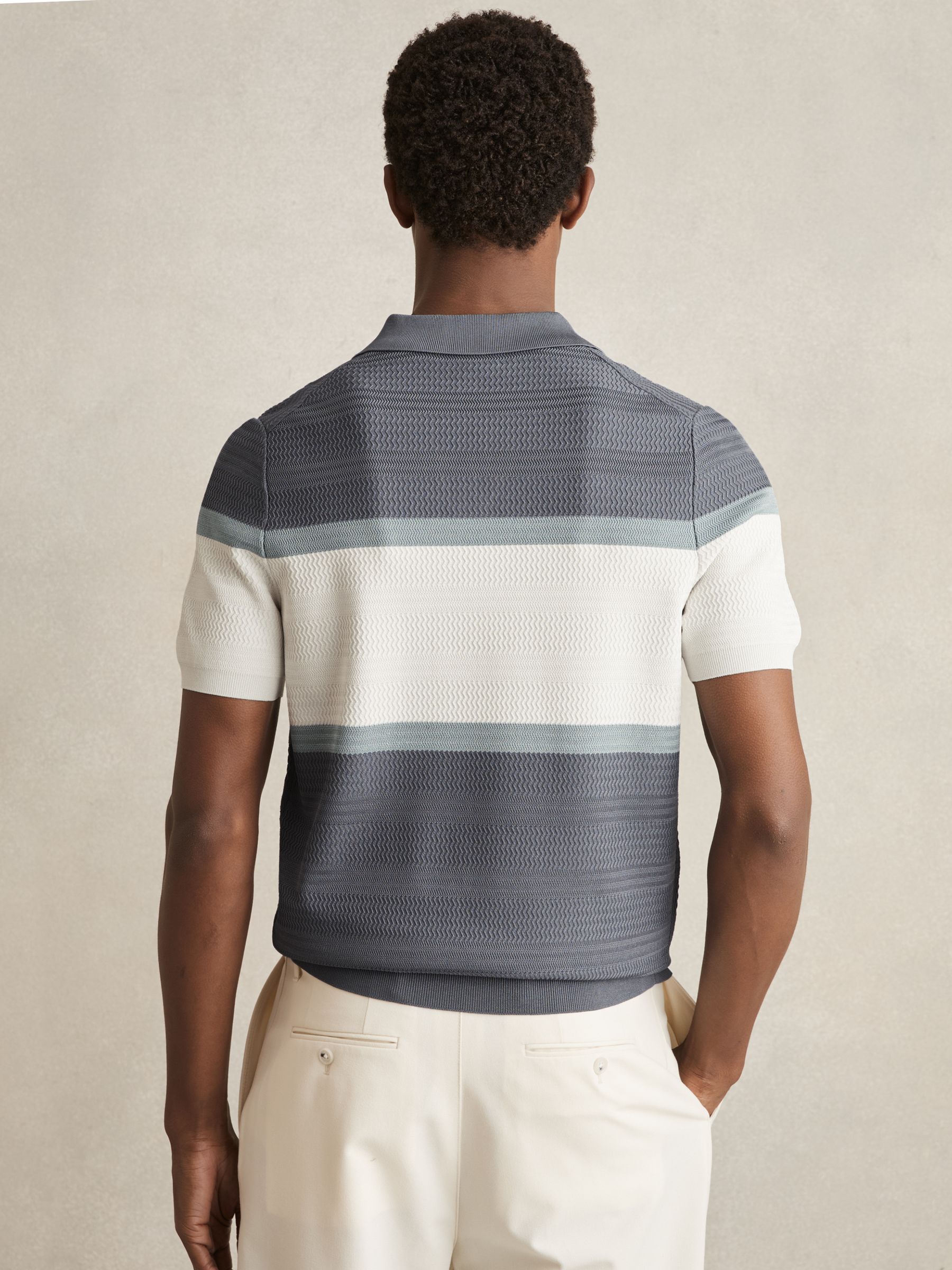 Textured Knit Stripe Polo Shirt in Airforce Blue