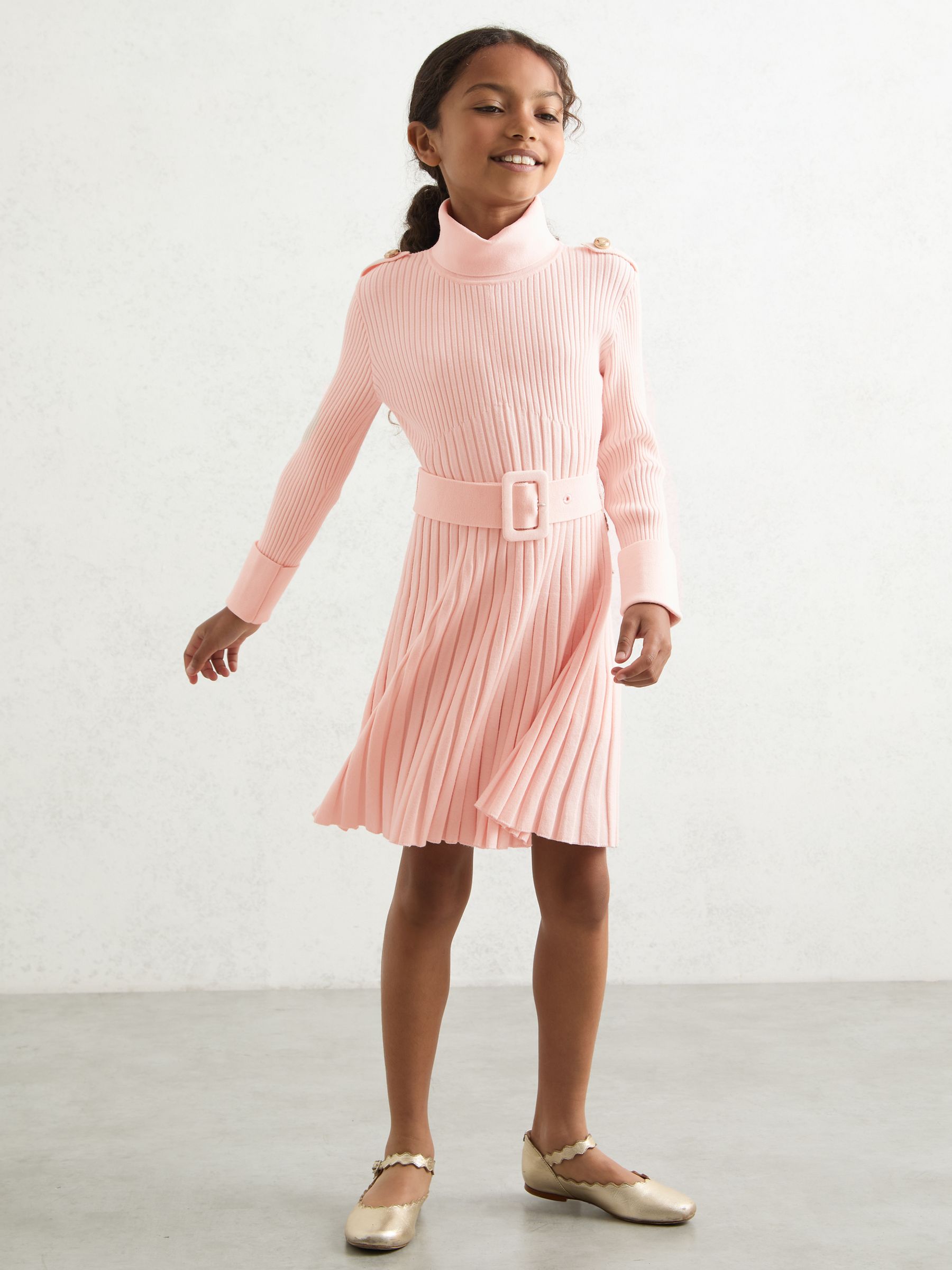 13-14 yrs Rib-Knit Roll-Neck Belted Dress in Pink