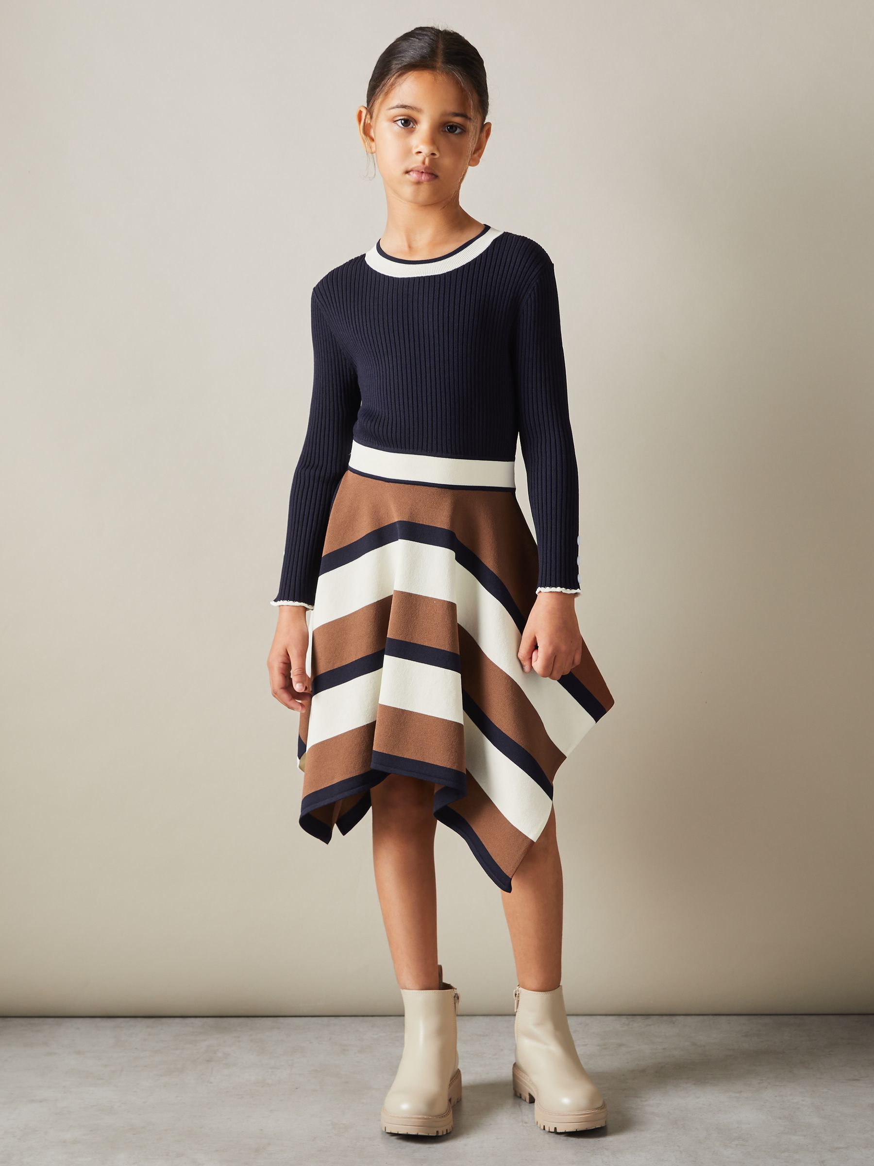 4-9 yrs Knitted Colourblock Asymmetric Dress in Navy