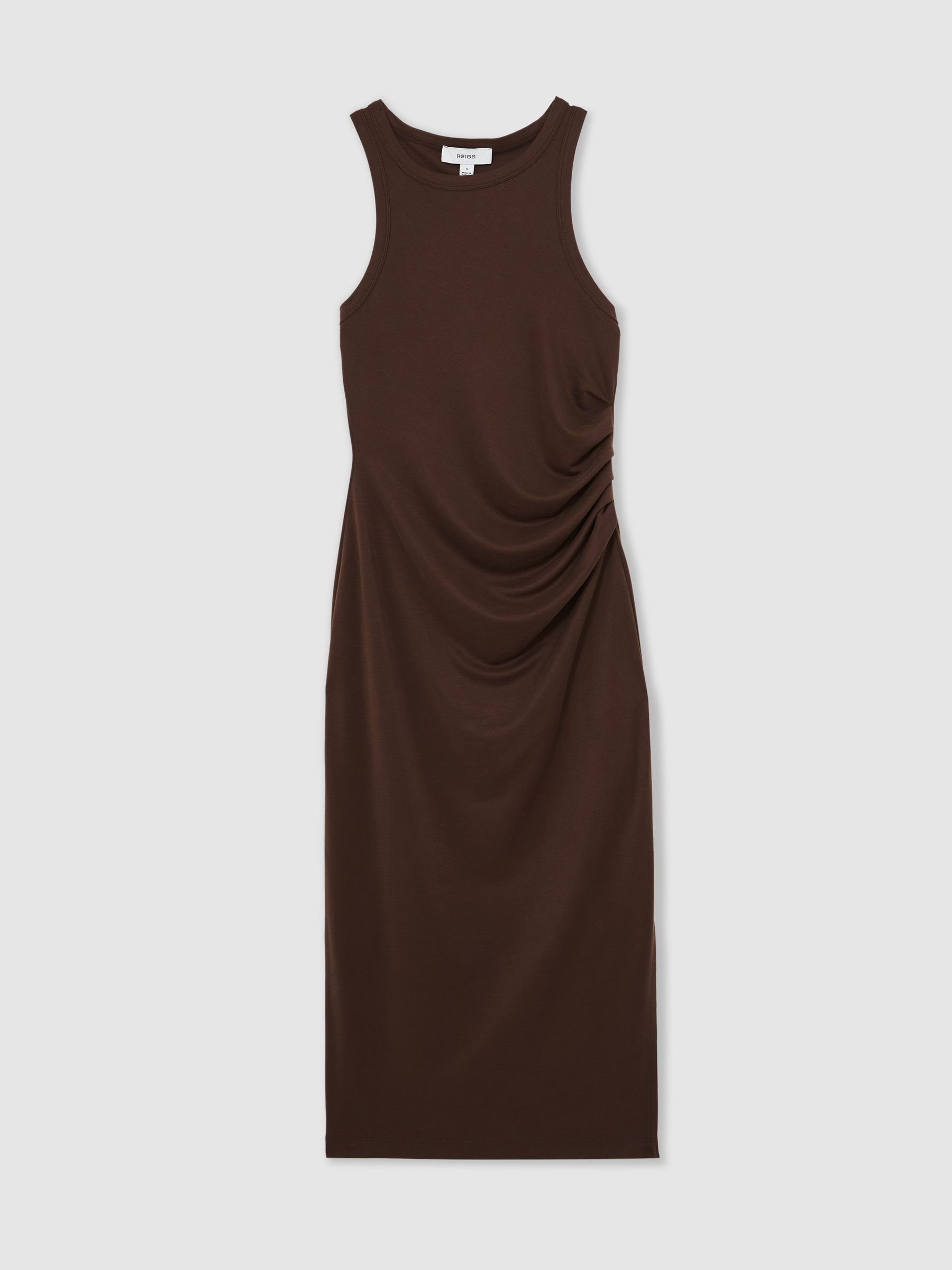 Jersey Ruched Racer Midi Dress in Chocolate Brown