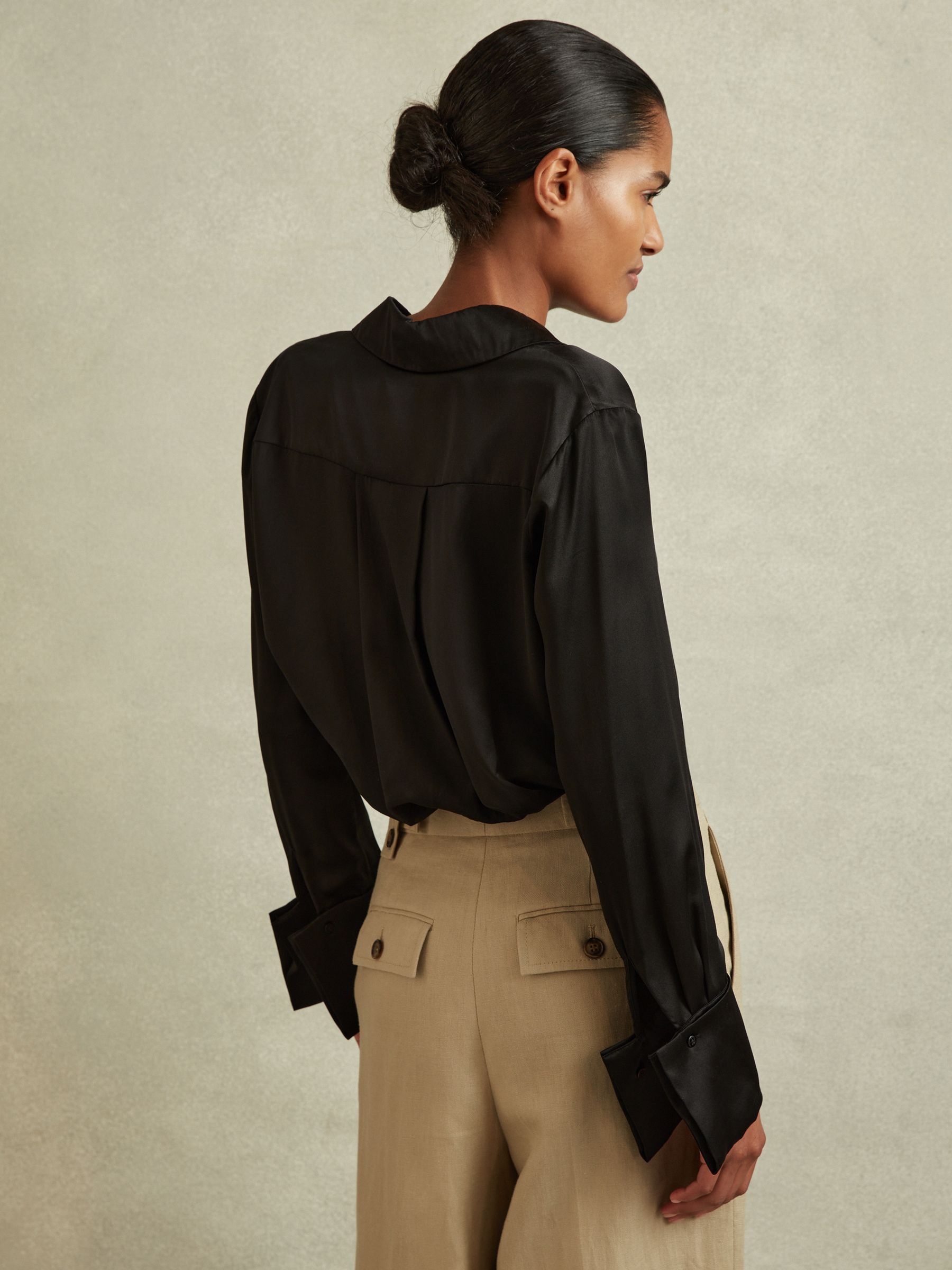 Petite Silk Double-Cuff Button-Through Shirt in Black