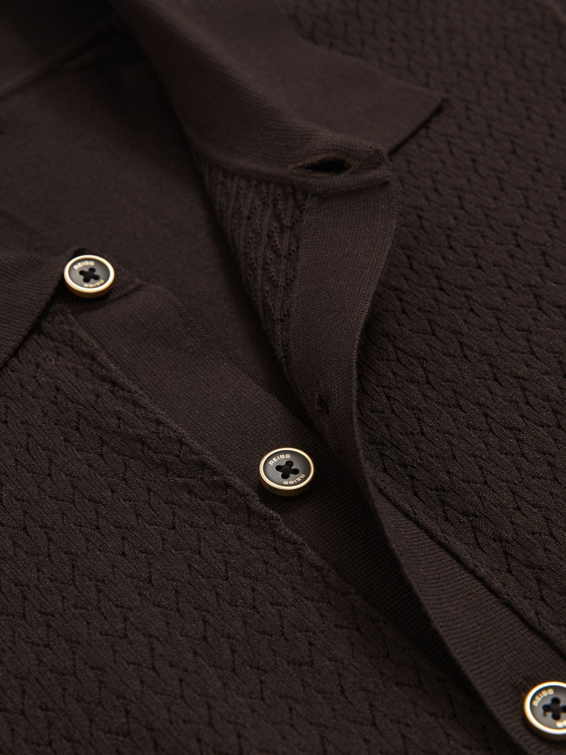 Textured Knit Button-Through Shirt in Chocolate Brown