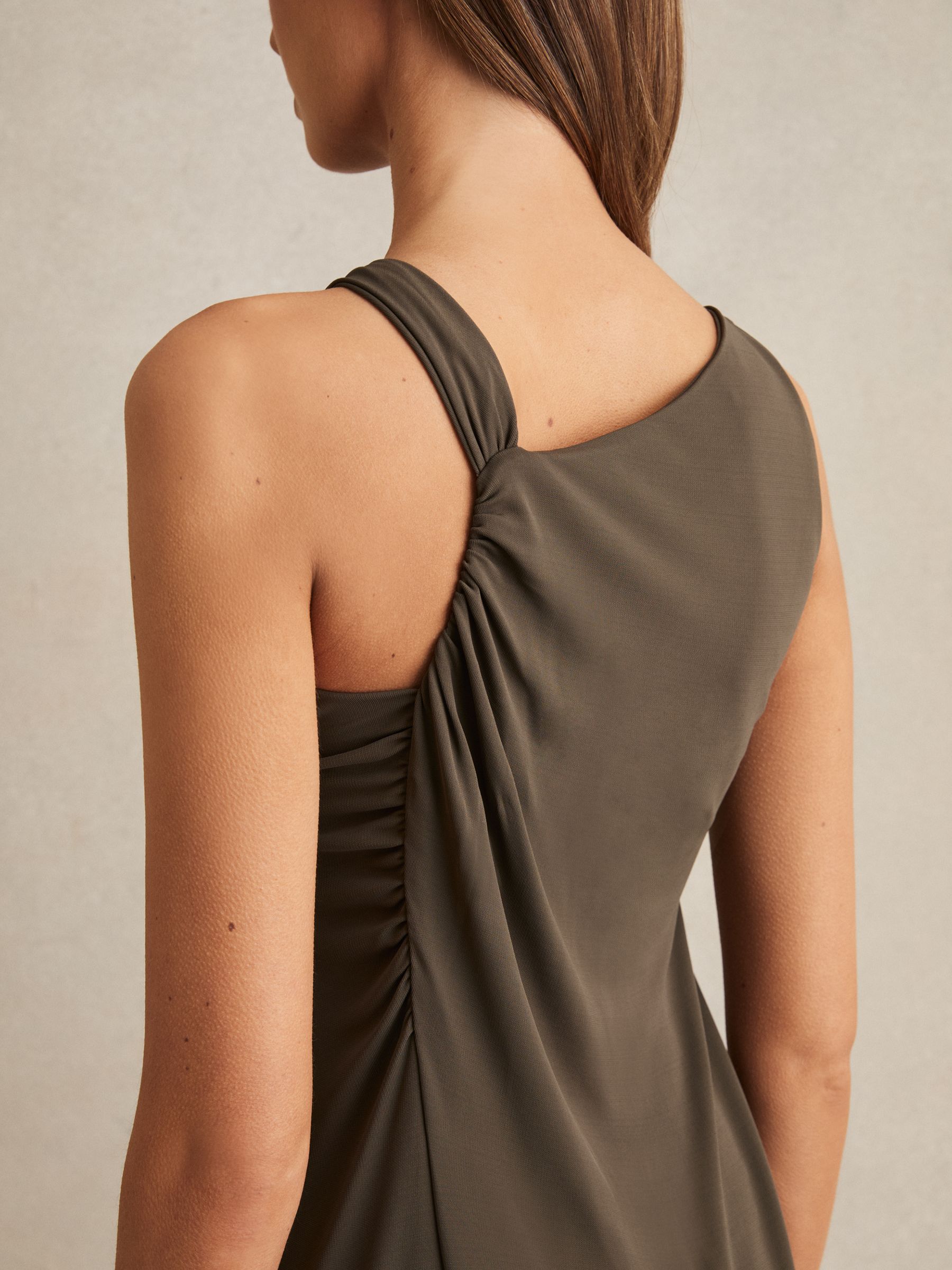 Gathered Neck Jersey Midi Dress in Mocha