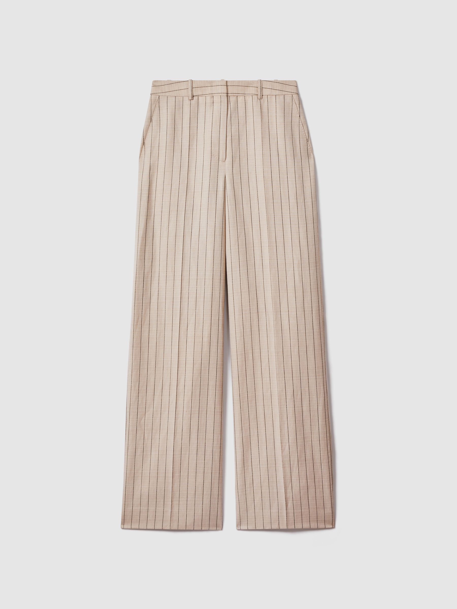 Wool Blend Striped Wide Leg Trousers in Neutral