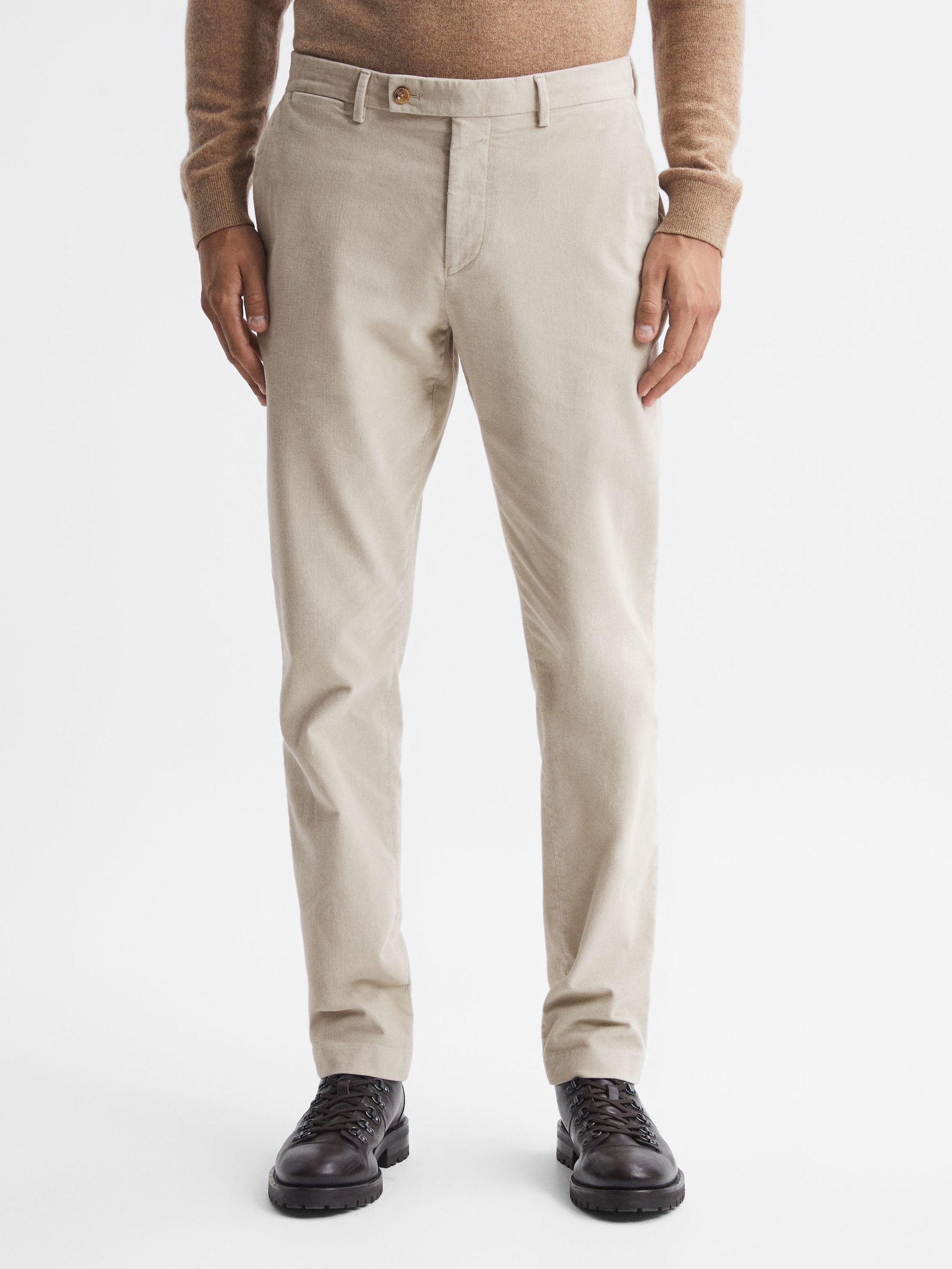 Slim Fit Brushed Cotton Trousers in Oatmeal