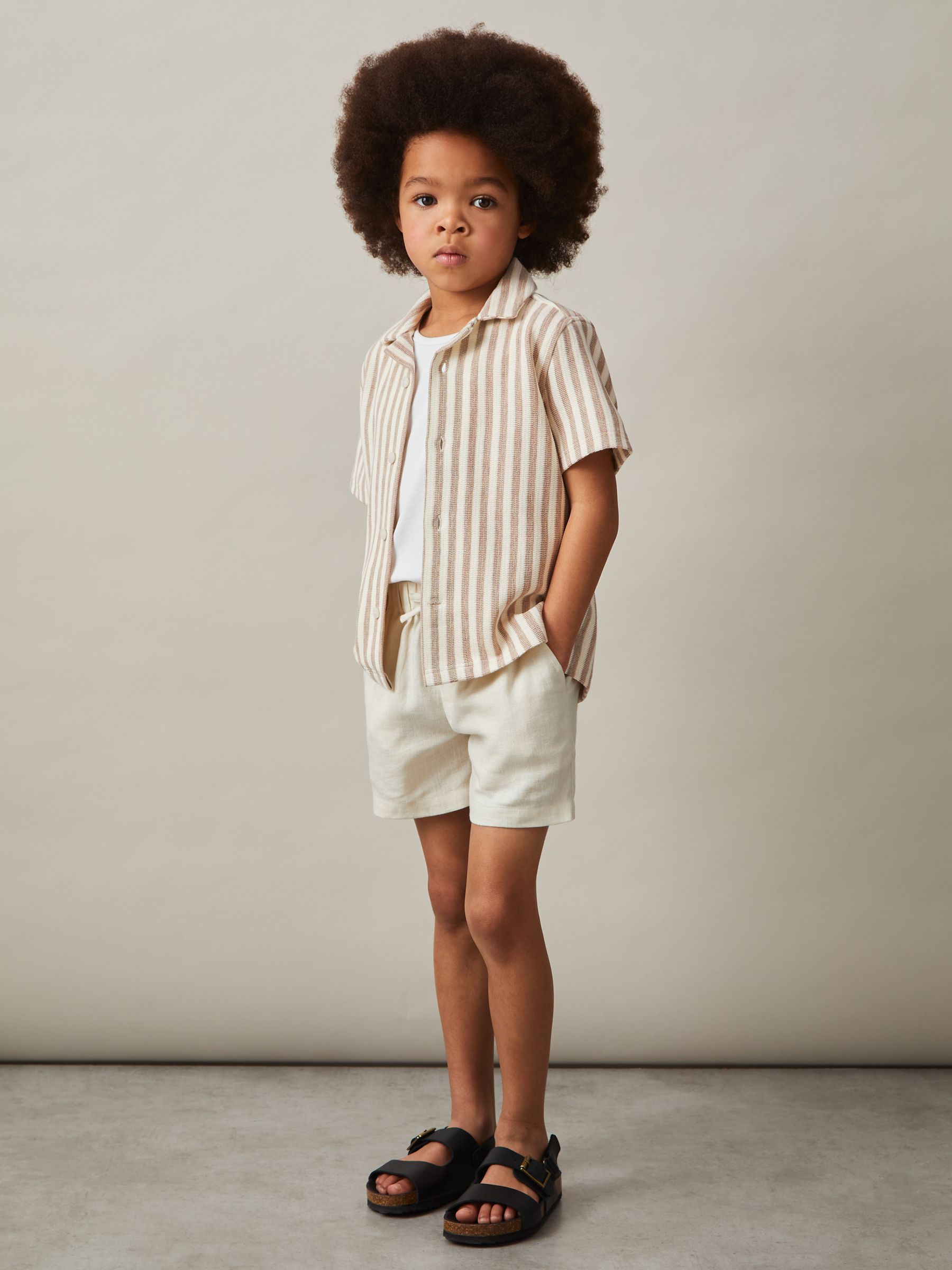 13-14 yrs Textured Stripe Cuban-Collar Shirt in Stone/White