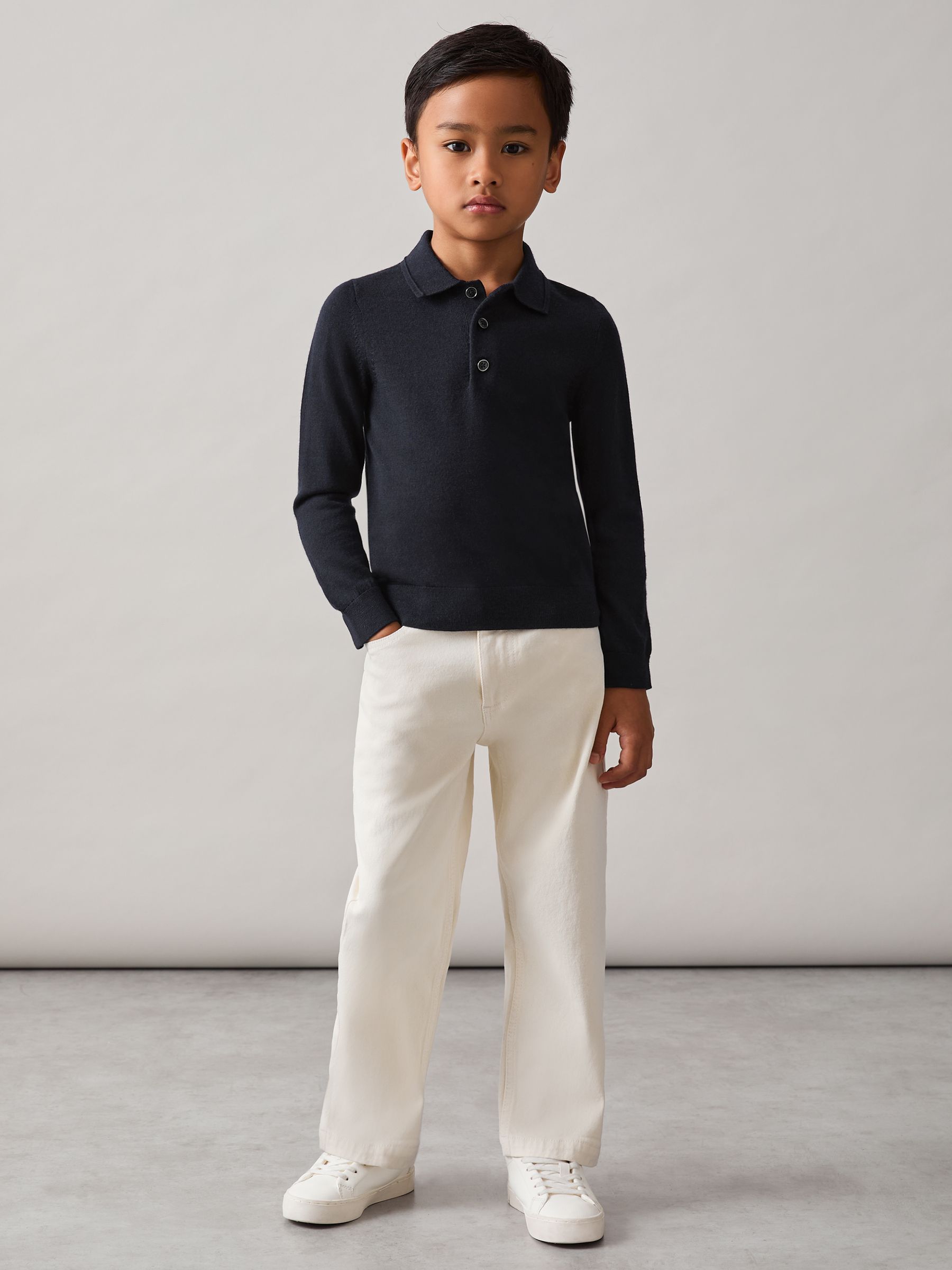 9-13 yrs Merino Wool Long-Sleeve Polo Shirt in Navy