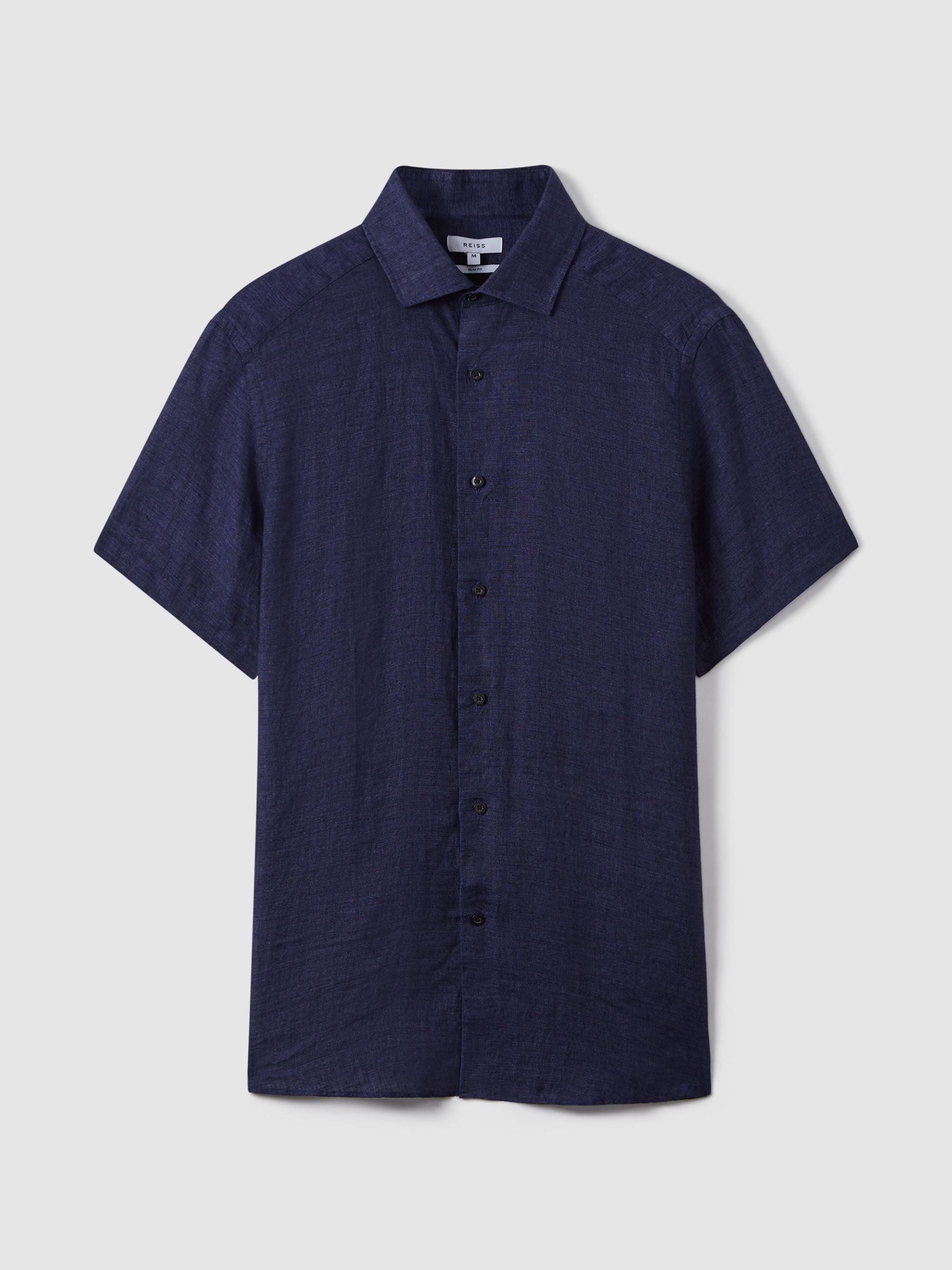 Slim Fit Linen Button-Through Shirt in Navy