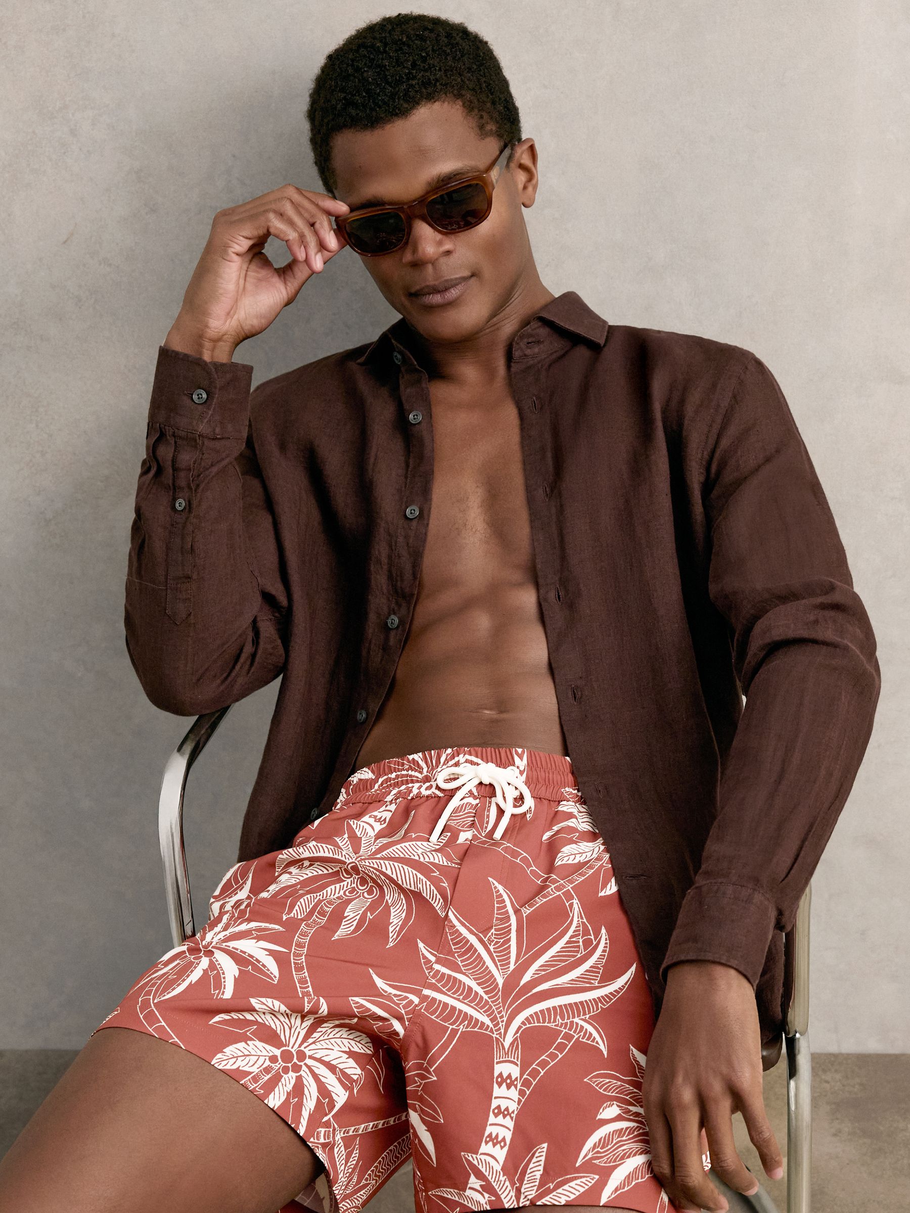 Palm Print Swim Shorts in Brick Red/White