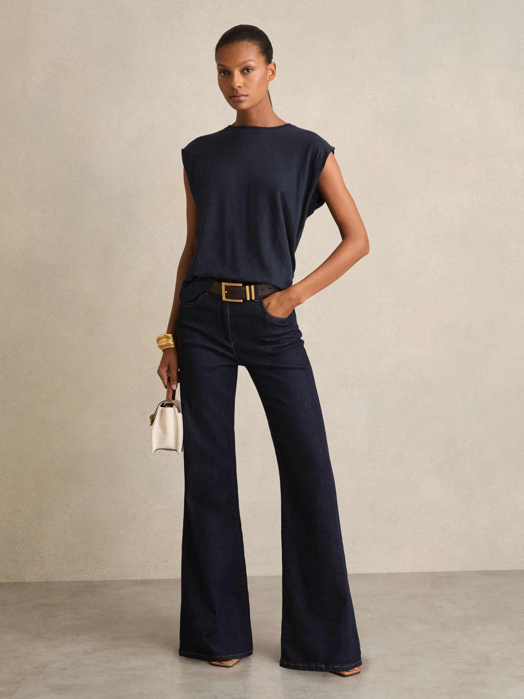 Linen Cap-Sleeve T-Shirt in Navy