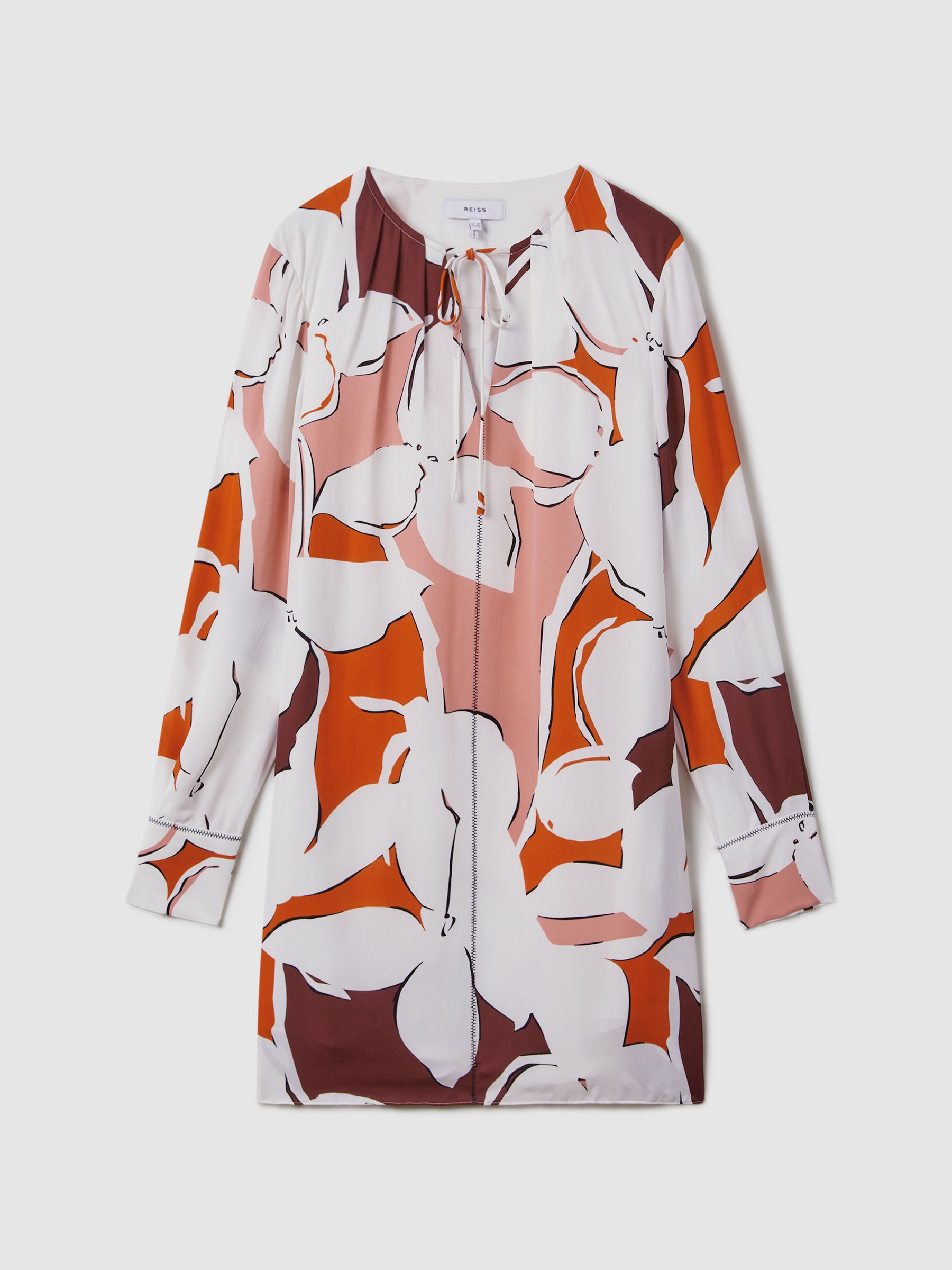 Printed Tie Neck Mini Dress in Cream/Red