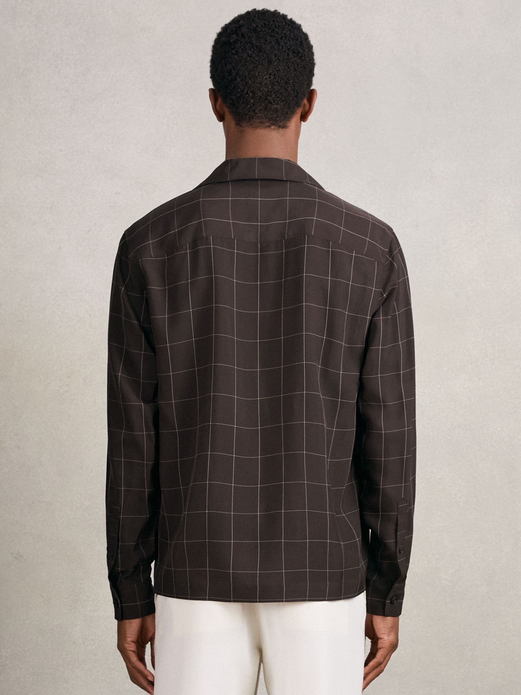 Windowpane-Check Cuban-Collar Shirt in Dark Brown