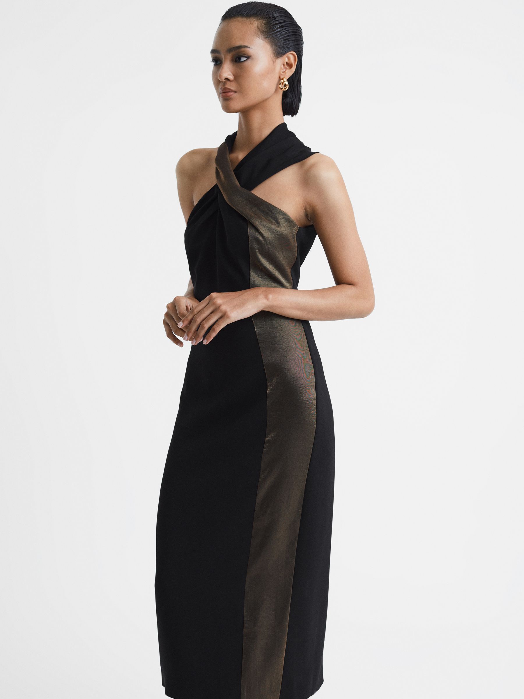 Metallic Stripe Bodycon Midi Dress in Black/Bronze