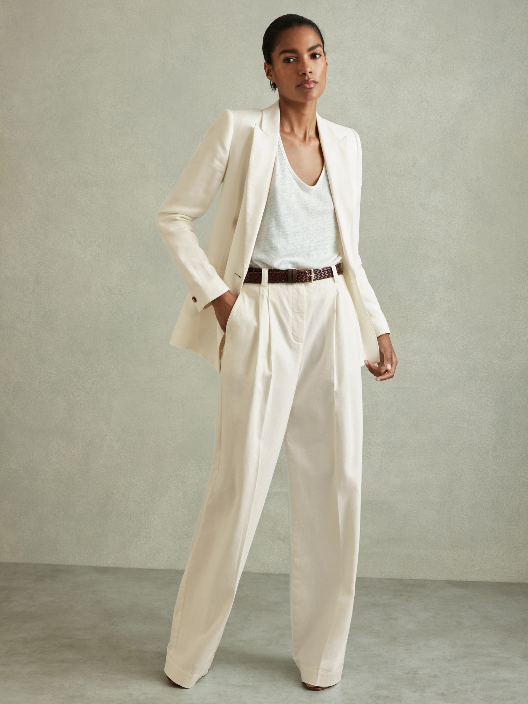 Cotton Blend Wide Leg Trousers in White