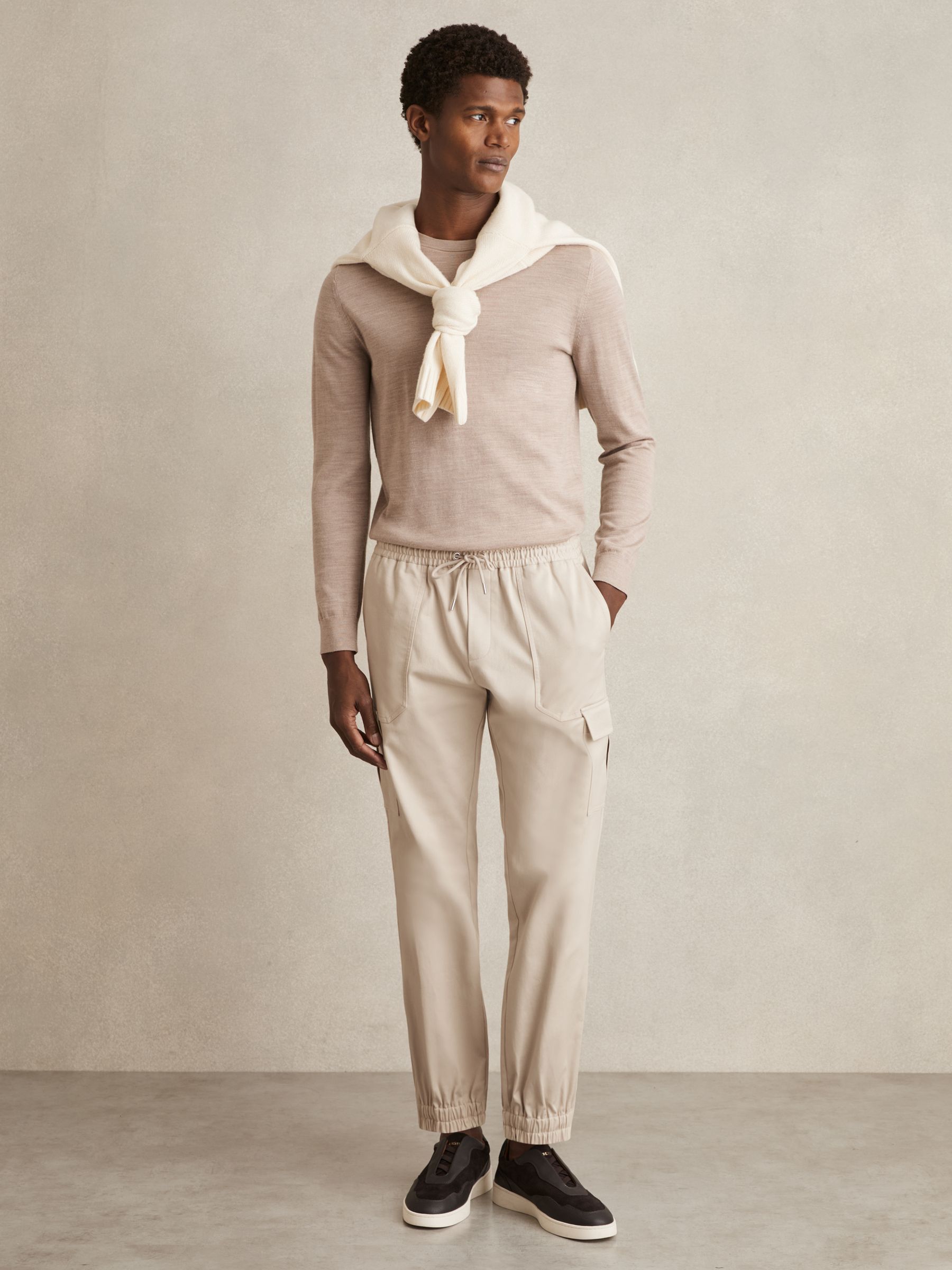 Cotton Drawstring Cargo Trousers in Stone