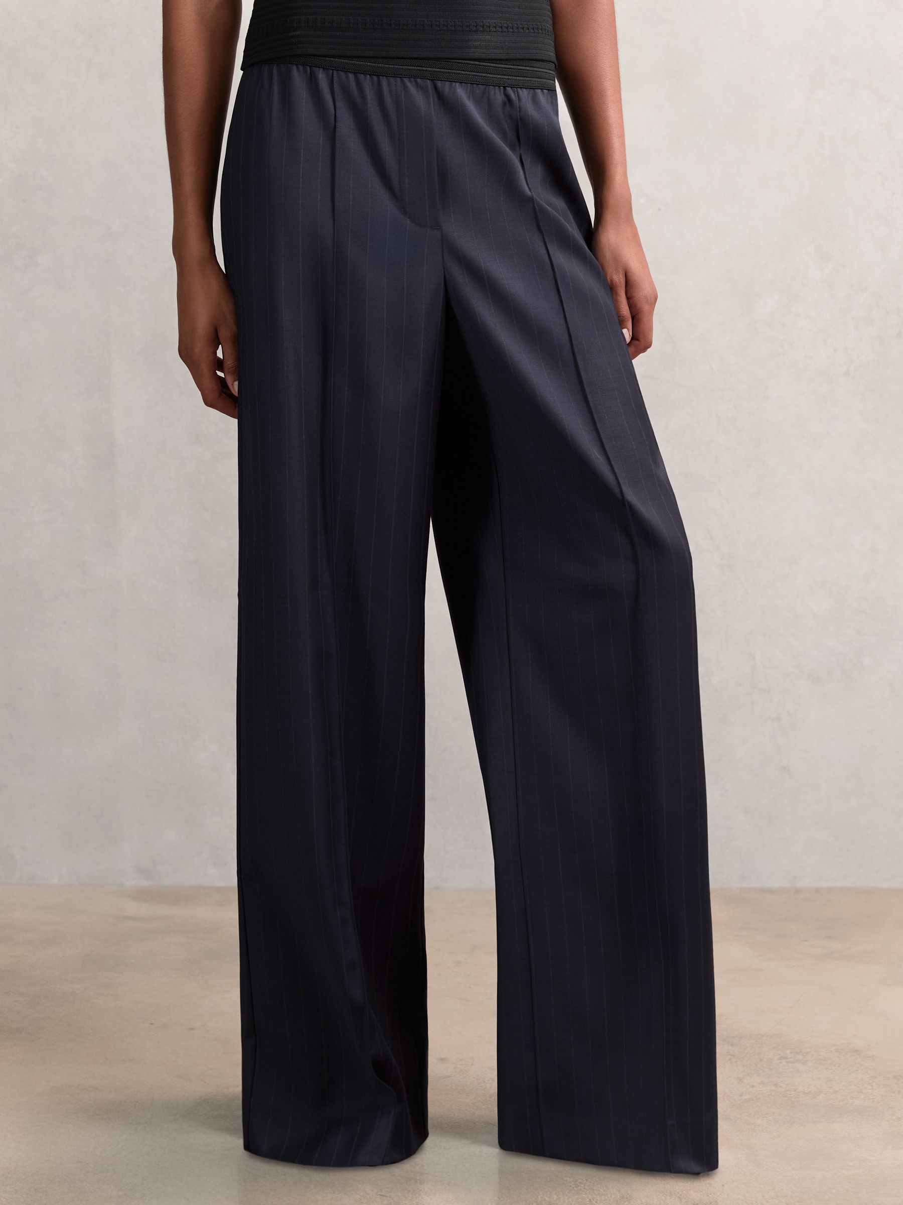 Wool-Blend Pinstripe Wide-Leg Trousers in Navy