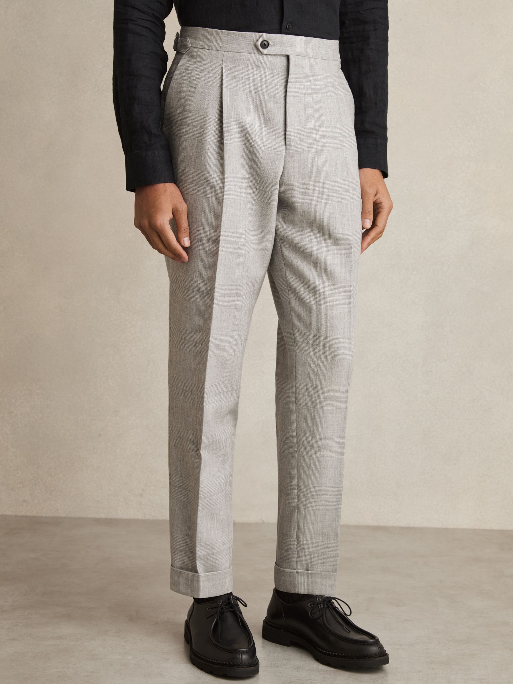Wool-Linen Check Tapered Trousers in Soft Grey Melange