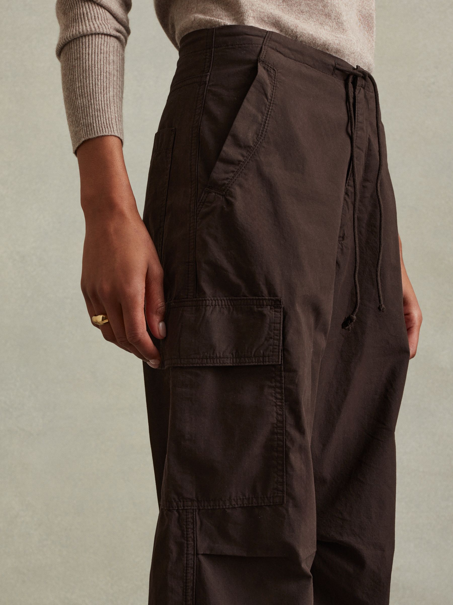 Tapered Drawstring Cotton Combat Trousers in Chocolate