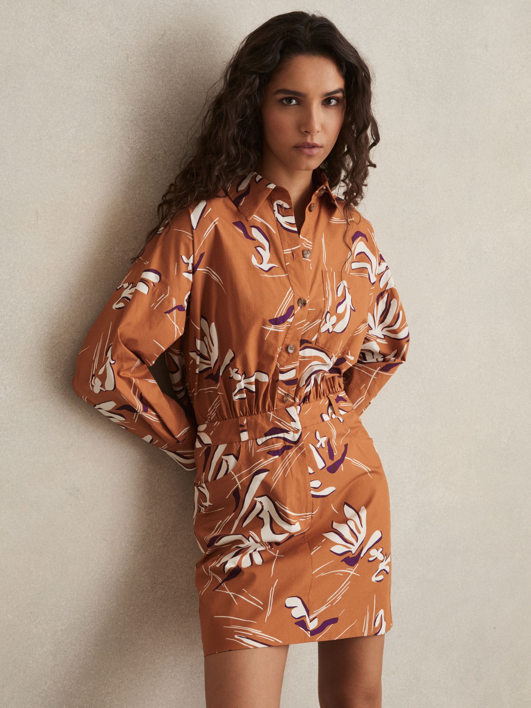 Cotton Printed Shirt Dress in Rust