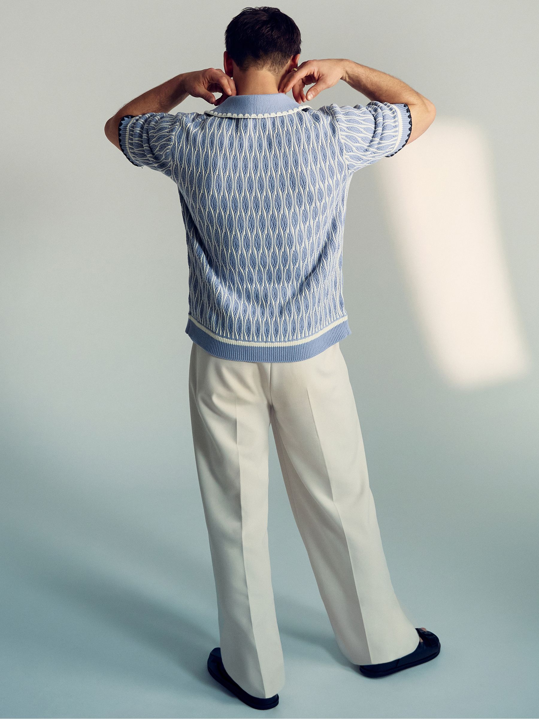 Tom Daley Wave-Knit Shirt in Soft Blue/White