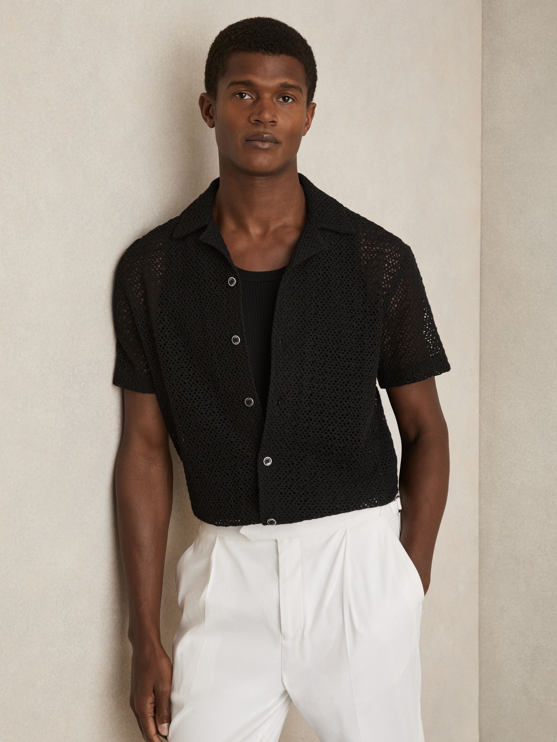 Crochet Cuban Collar Shirt in Black