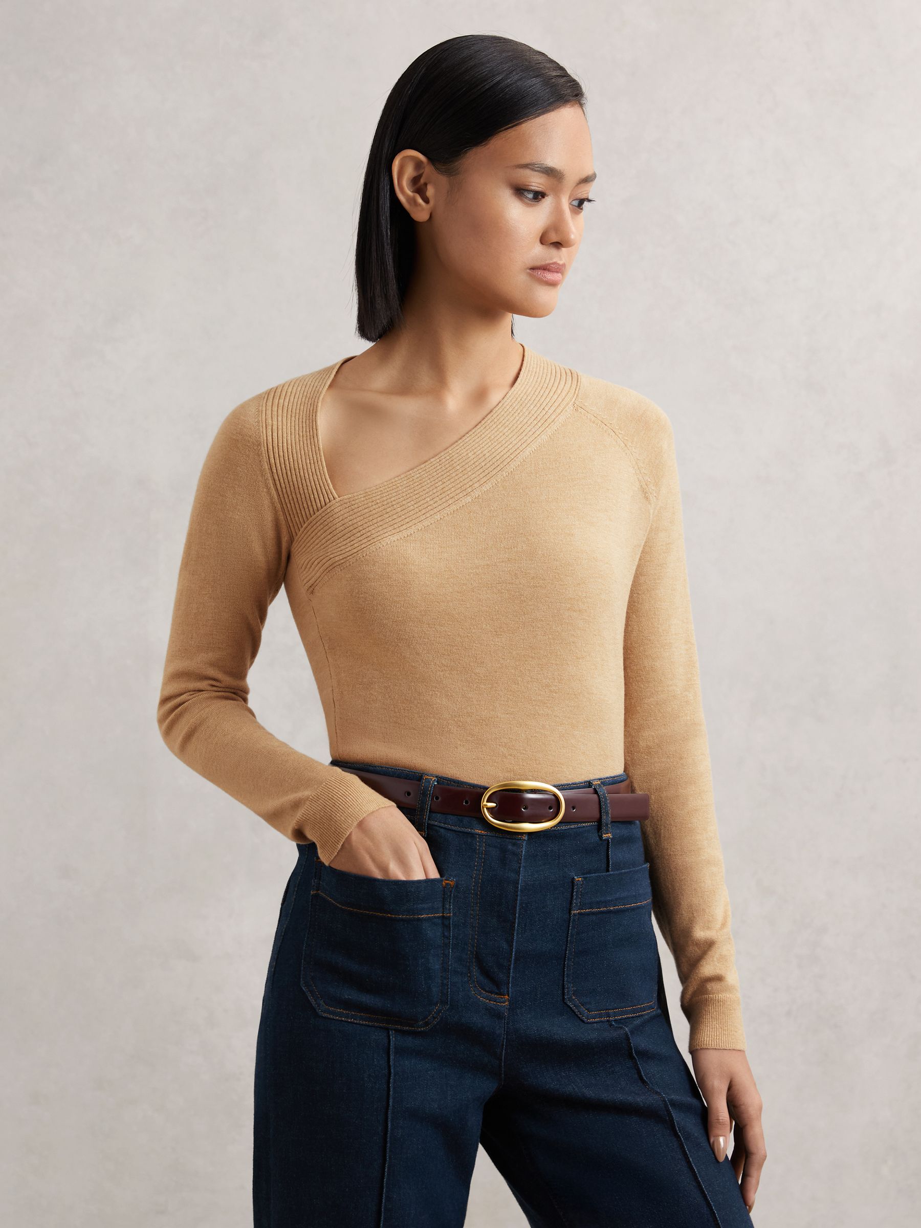 Wool-Blend Asymmetric Knit Top in Camel