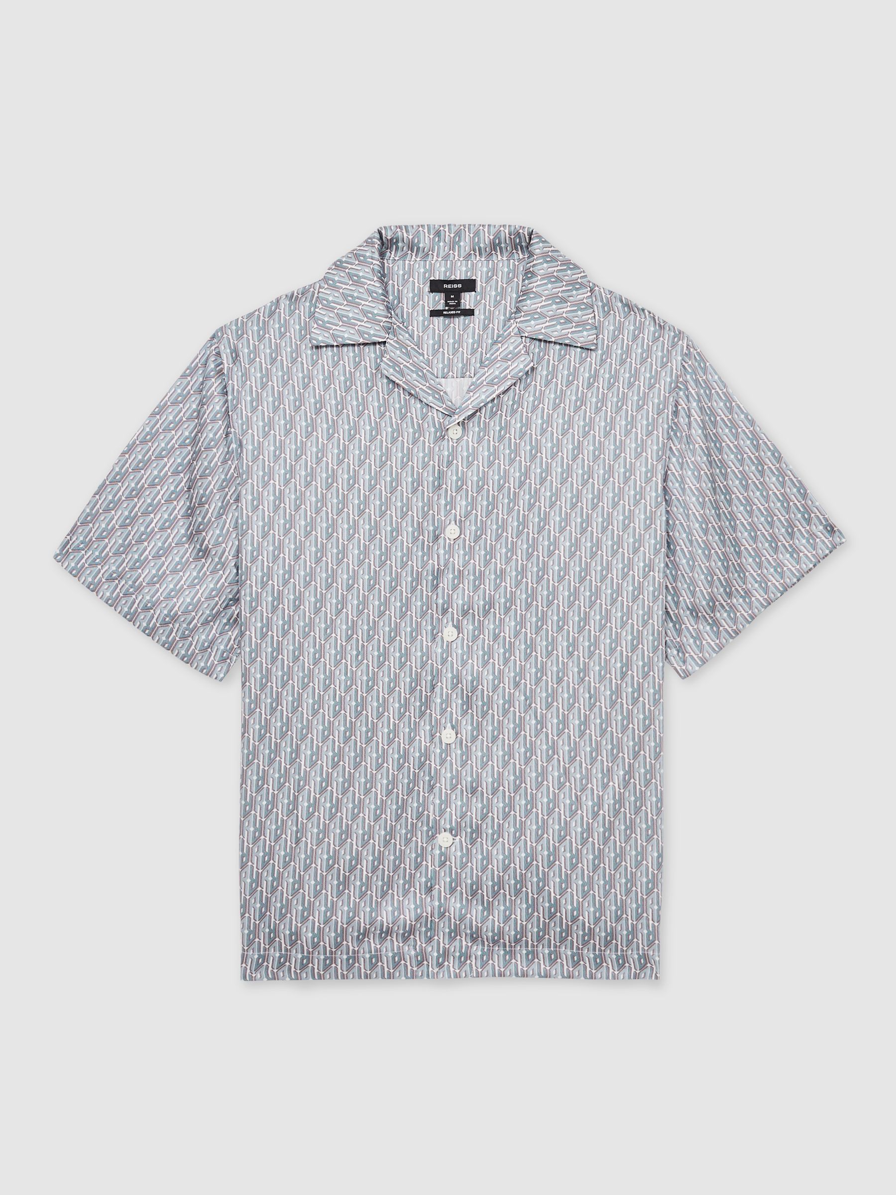 Monogram-Print Cuban-Collar Shirt in Blue