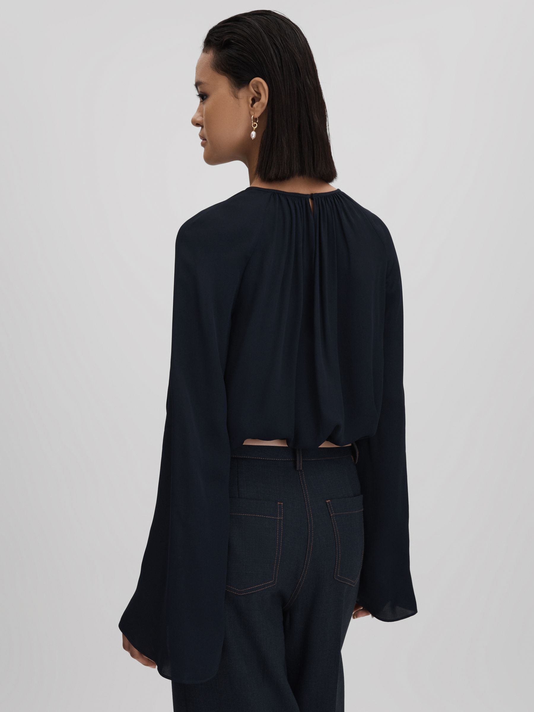 Cut-Out Flute Sleeve Blouse in Navy