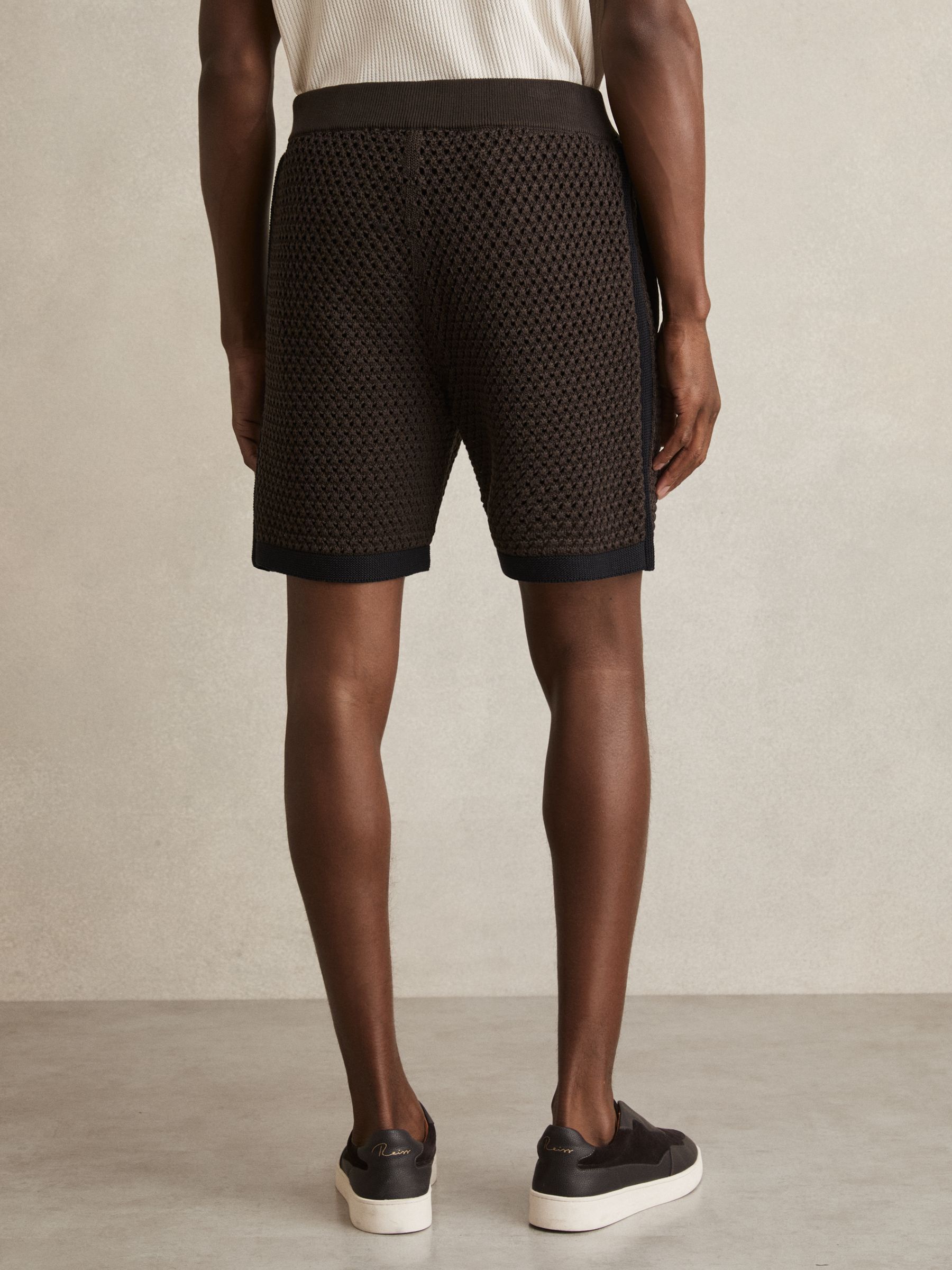 Cotton-Blend Crochet Shorts in Chocolate/Navy