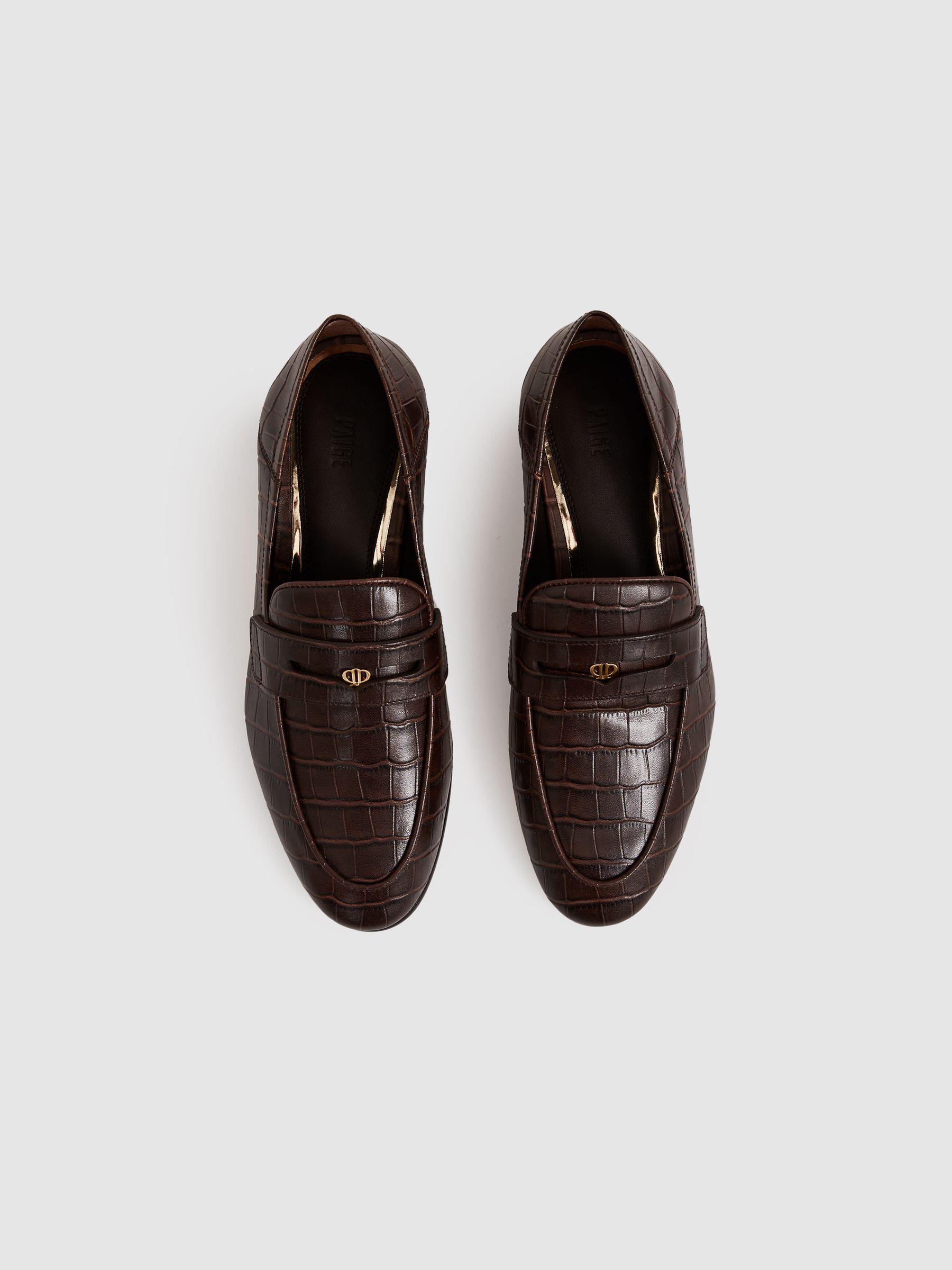 Paige Leather Crocodile-Embossed Penny Loafers in Chocolate