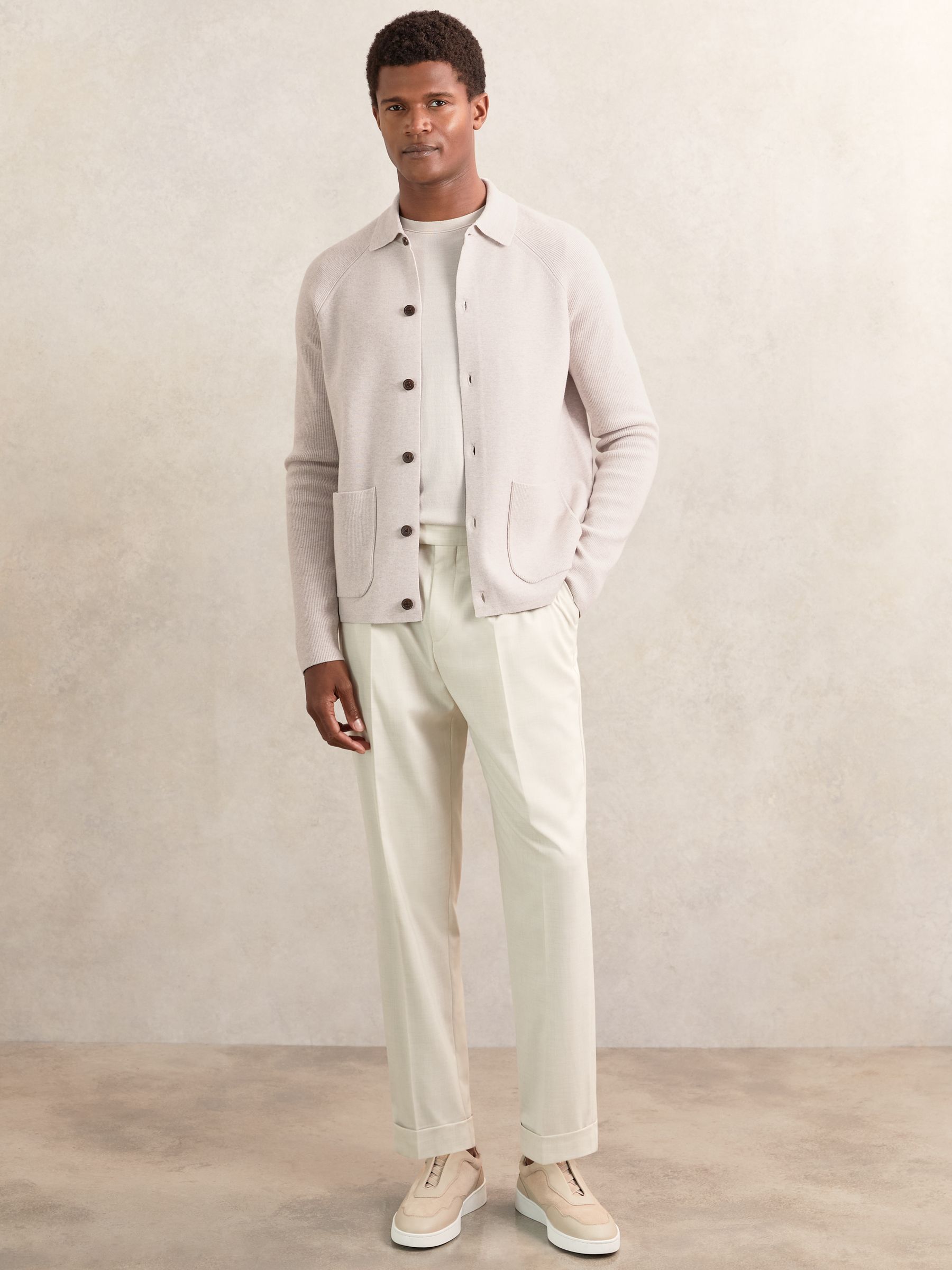 Button-Through Ribbed-Sleeve Shirt in Oatmeal Brown