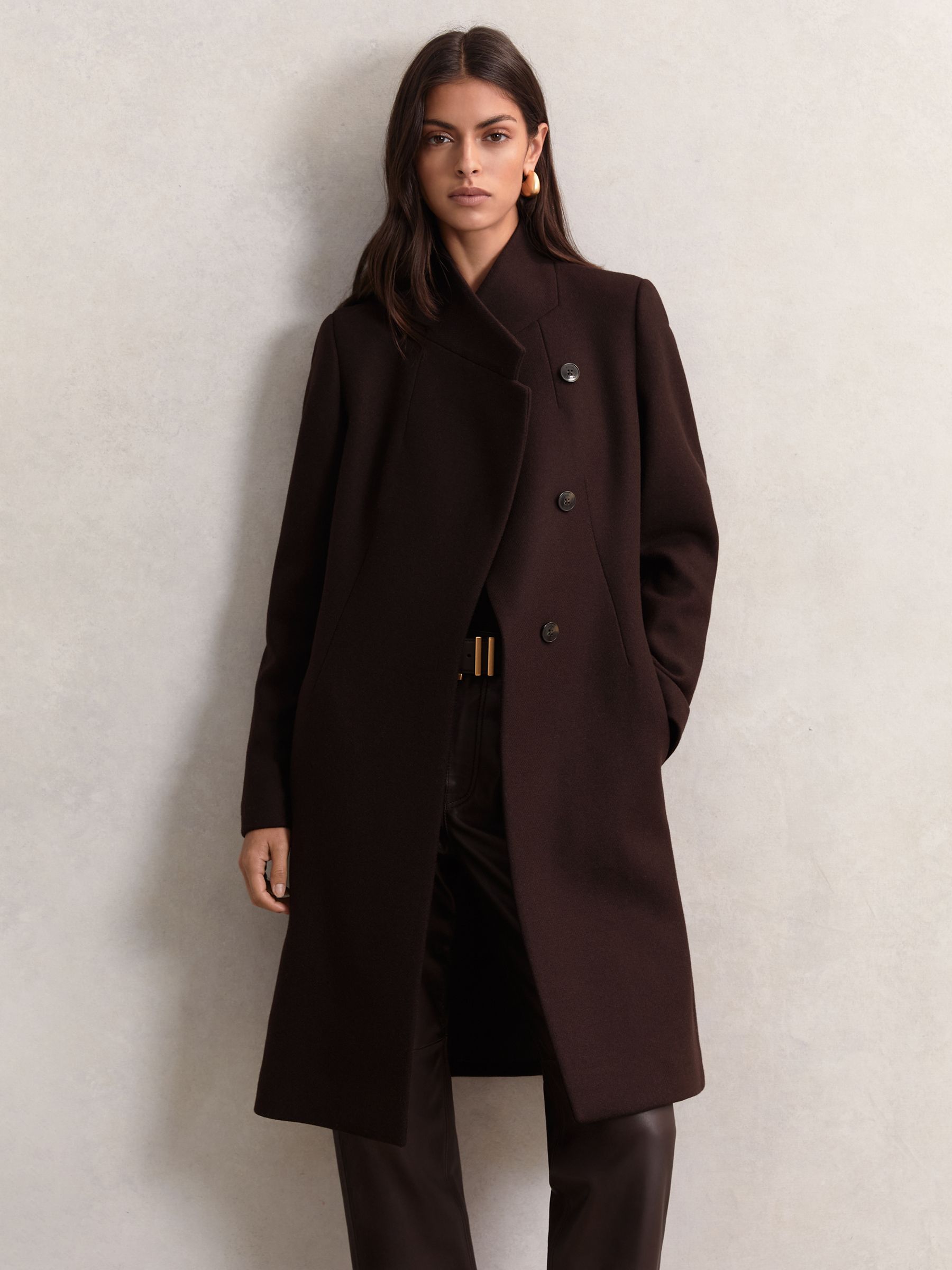 Wool-Blend Wrapover Mid-Length Coat in Chocolate Brown