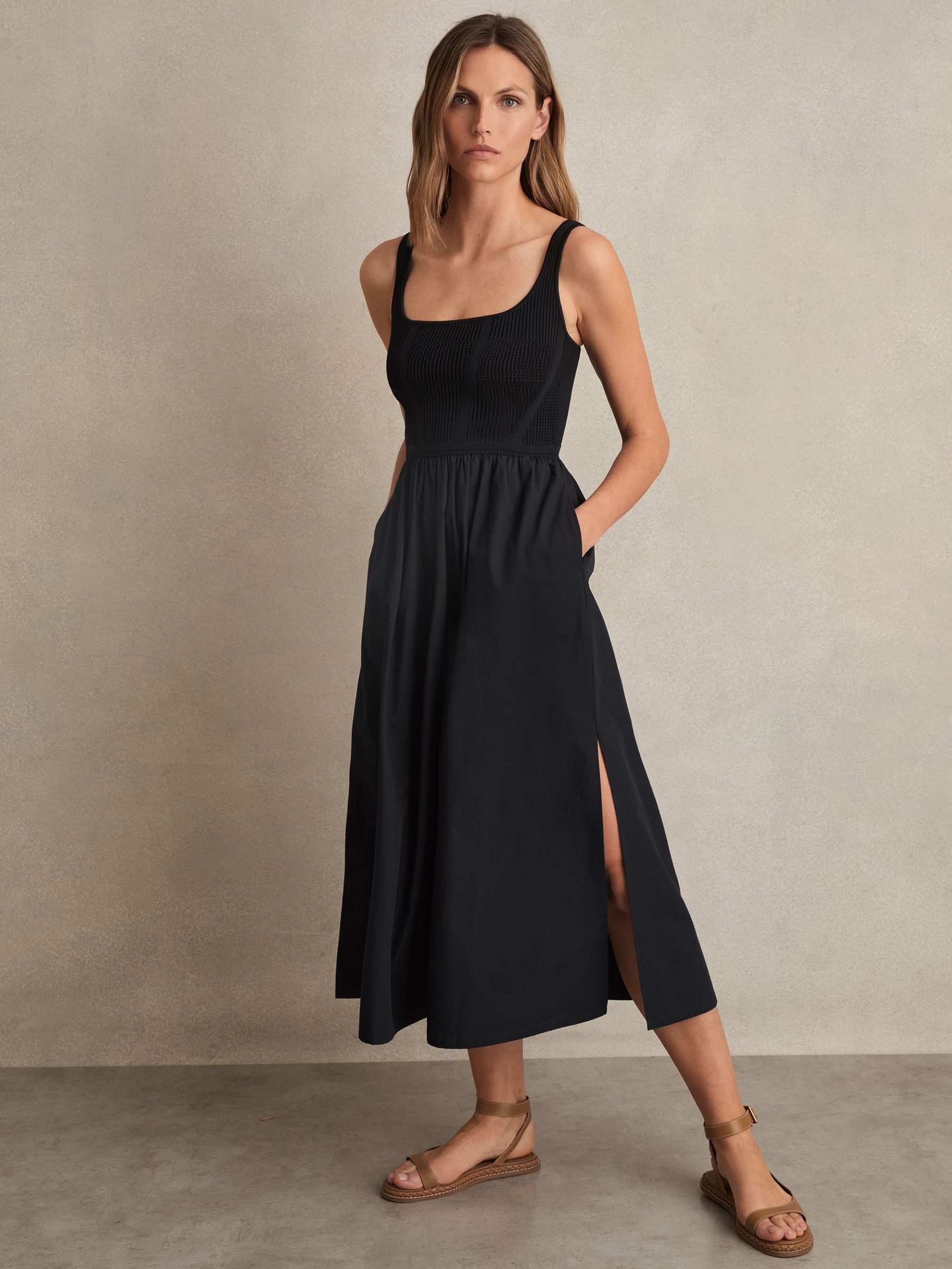 Perforated-Knit Cotton-Skirt Midi Dress in Navy