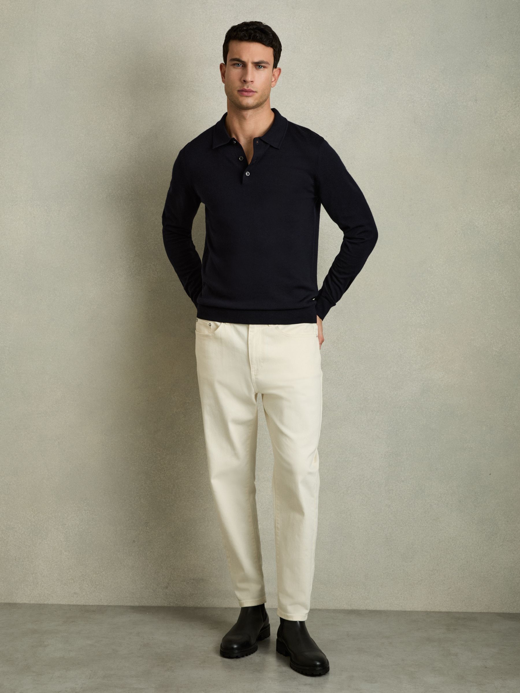 Merino Wool Long-Sleeve Polo Shirt in Navy