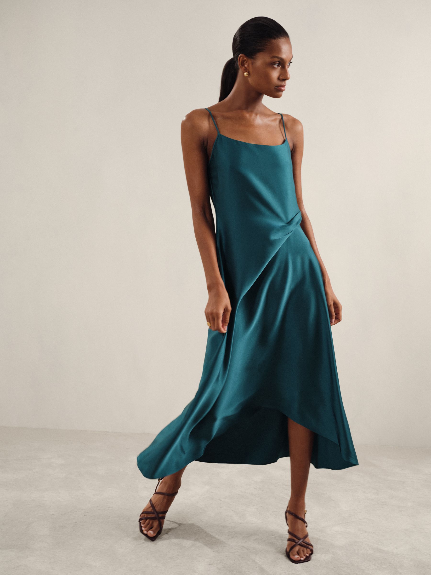 Petite Satin Drape-Detail Slip Dress in Teal